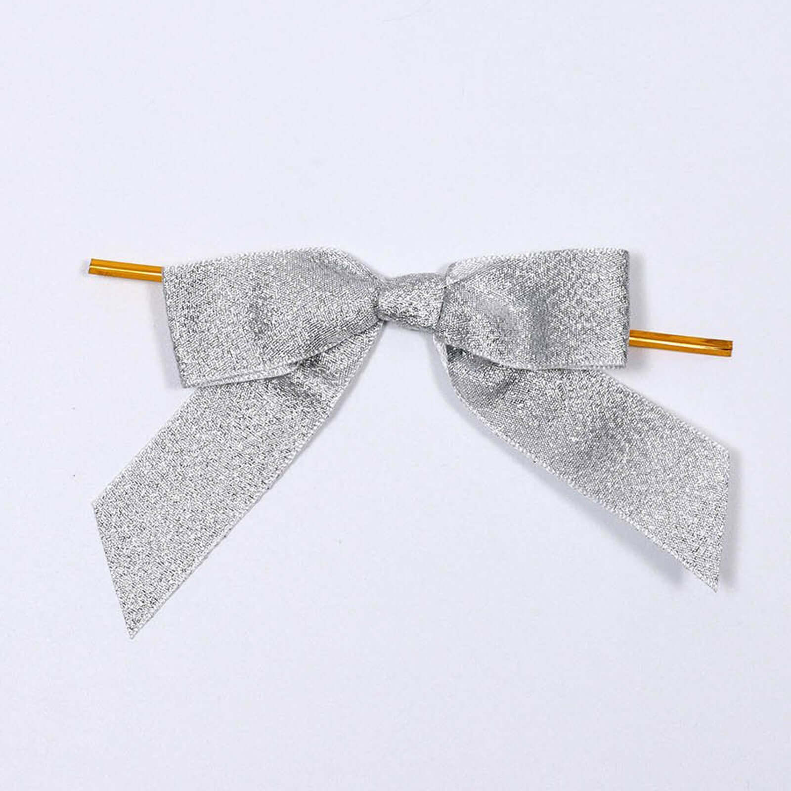 50 Pcs 4 Nylon Ribbon Bows With Twist Ties, Gift Basket Party Favor Bags Decor - Silver Glitter Design