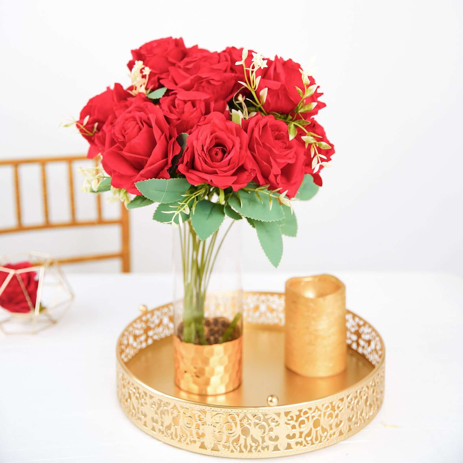 2 Bushes 18 Real Touch Red Artificial Rose Flower Bouquet, Silk Long Stem Flower Arrangements