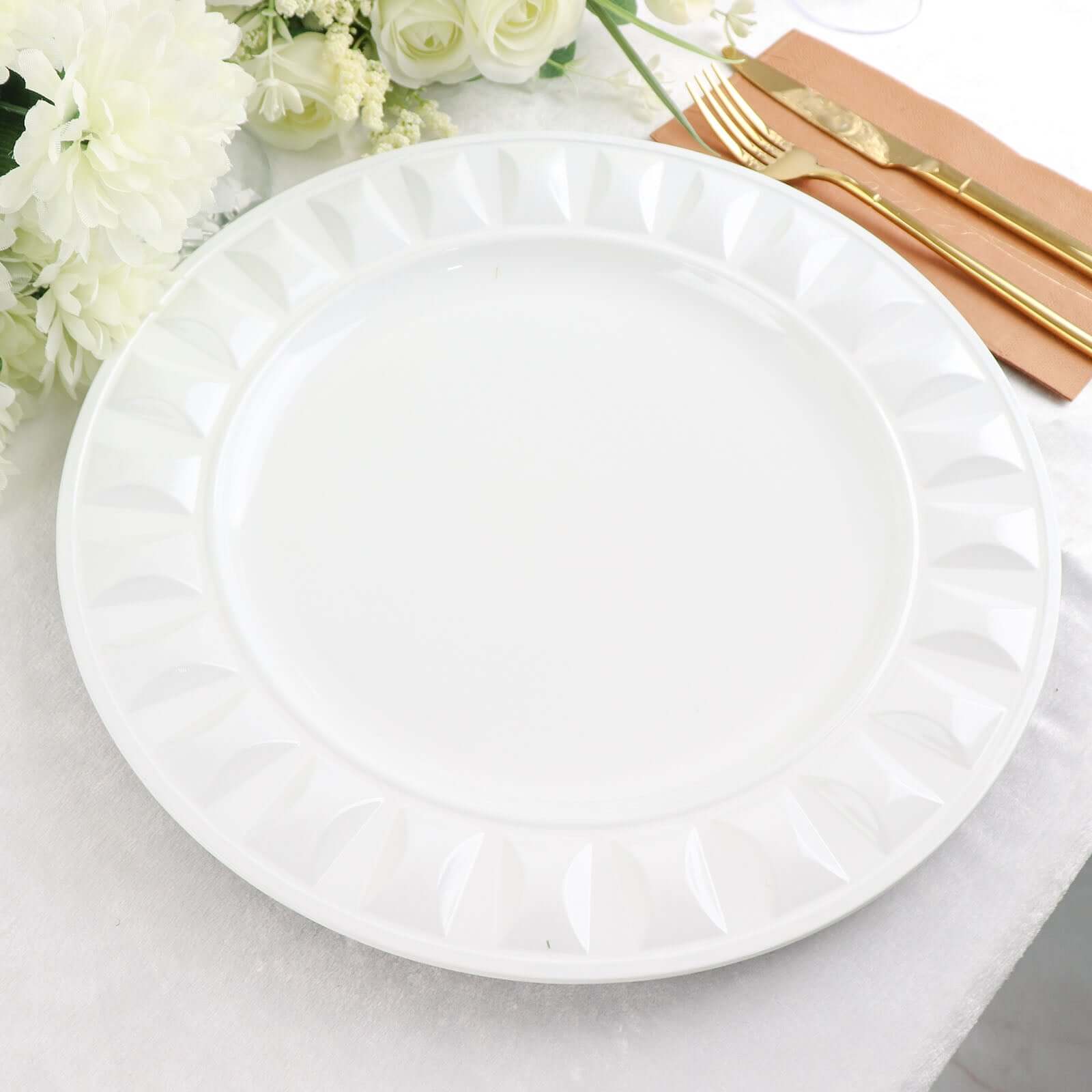 6-Pack Plastic Round Charger Plates 13 in White with Bejeweled Rim, Luxe Decorative Dinner Party Charger Tableware