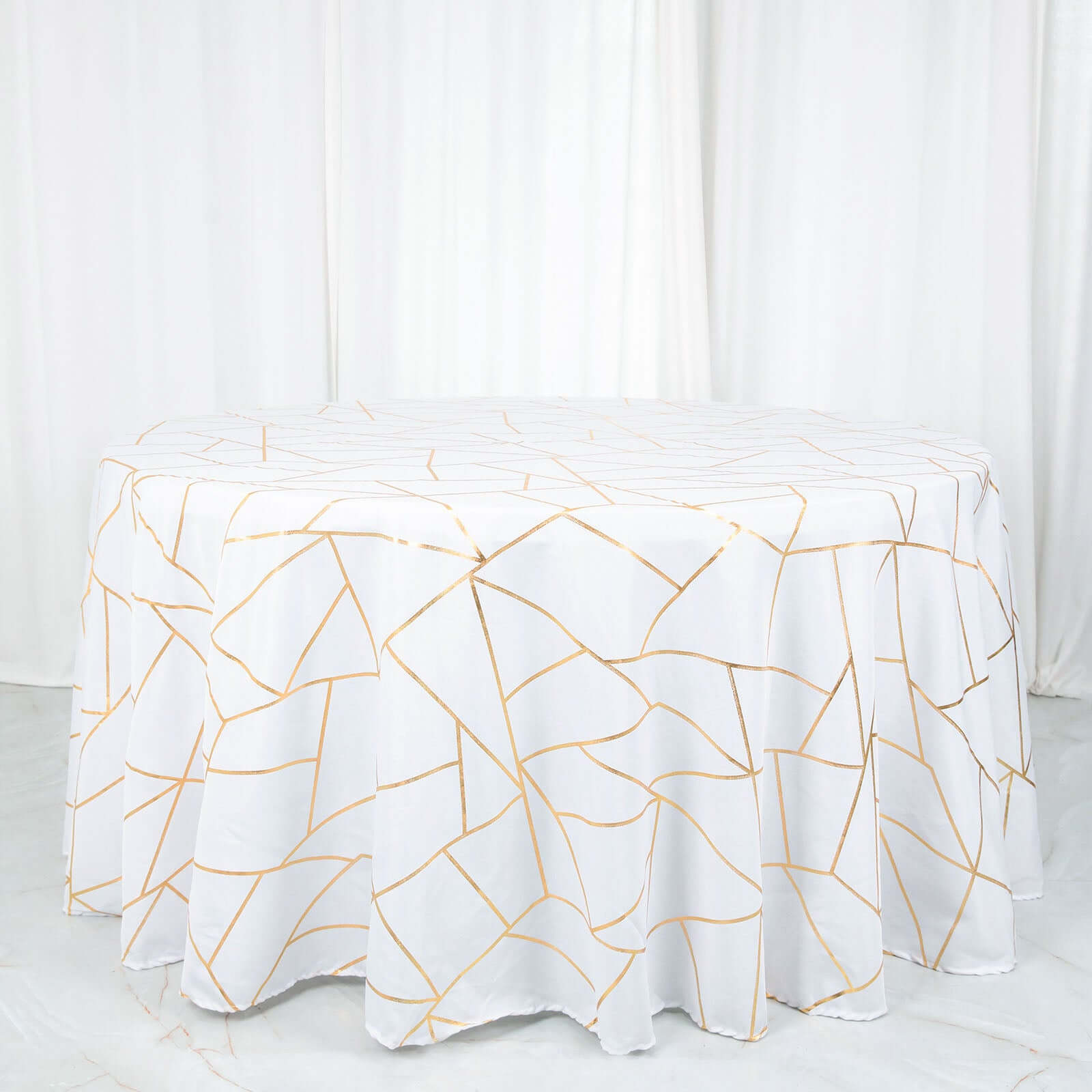 Polyester 120 Round Tablecloth White with Gold Foil Geometric Pattern Wrinkle-Resistant Modern Seamless Table Cover