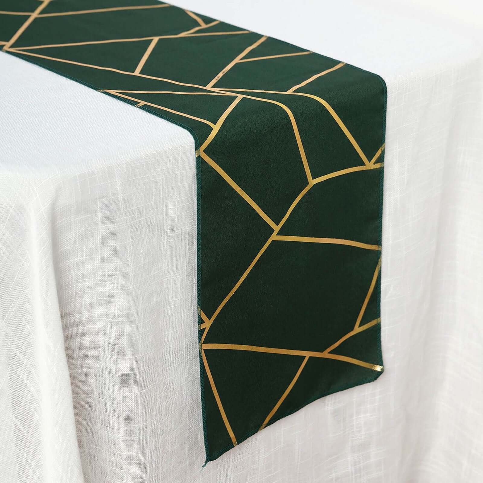 Polyester 9ft Table Runner Hunter Emerald Green with Gold Foil Modern Geometric Accent