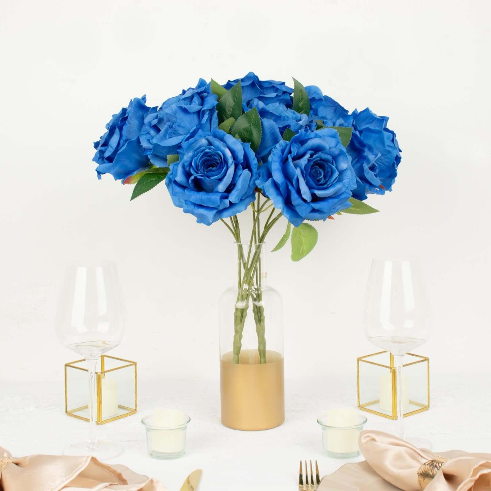 2 Bushes 17 Royal Blue Premium Silk Jumbo Rose Flower Bouquet, High Quality Artificial Wedding Floral Arrangements