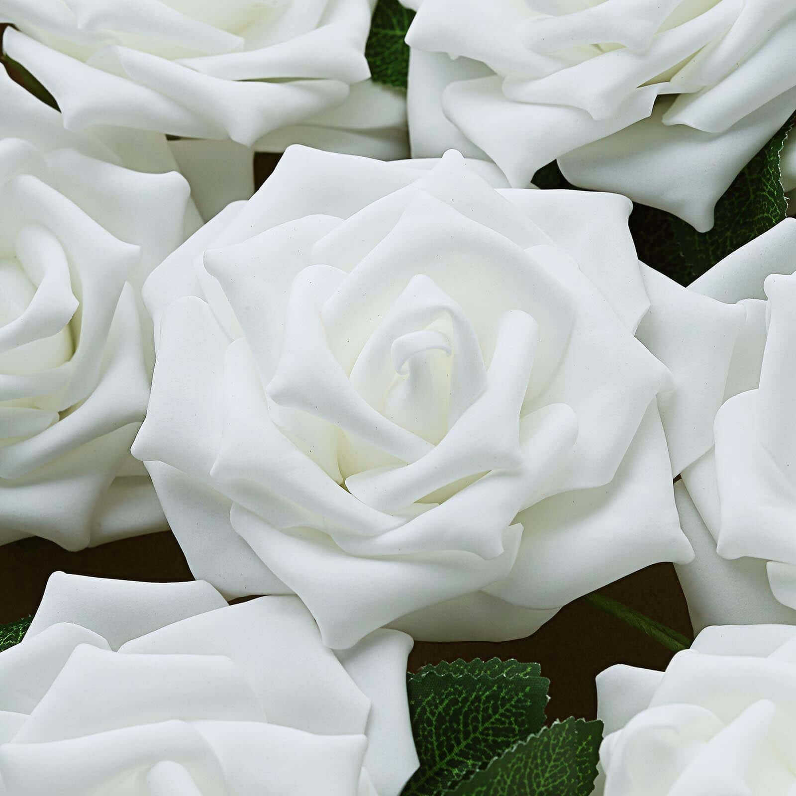 24 Roses 5 White Artificial Foam Flowers With Stem Wire and Leaves