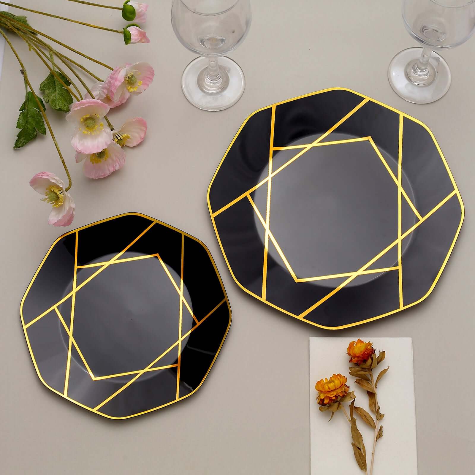 10-Pack Plastic 10 Octagon Dinner Plates in Black - Modern Disposable Party Plates with Gold Geometric Design for Special Occasions & Celebrations