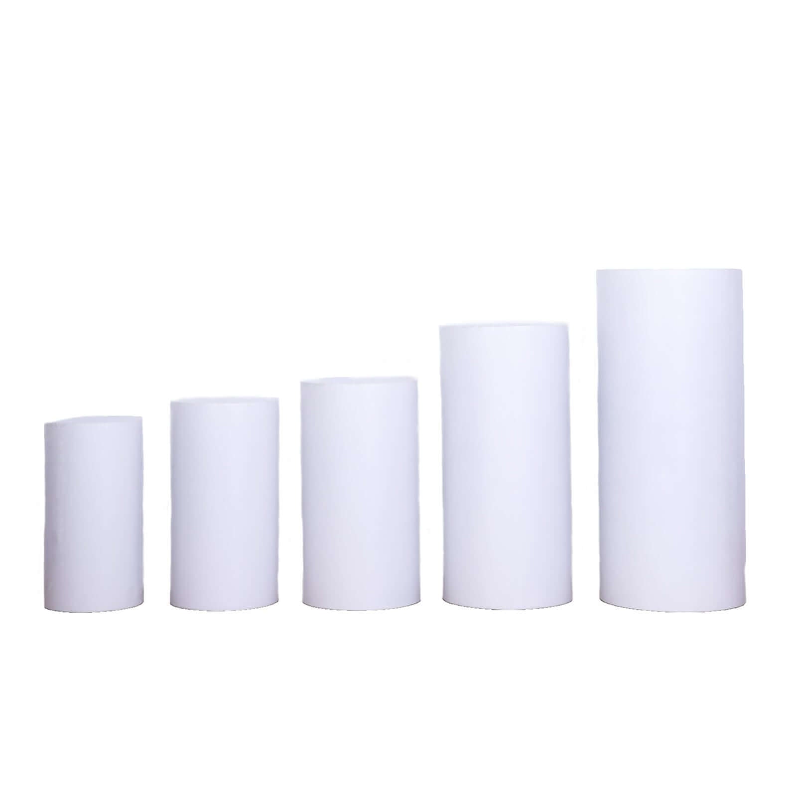 Set of 5 White Metal Cylinder Pillar Prop Stands For Wedding Aisle, Round Plinth Pedestal Display Boxes - 20,22,24,26,30