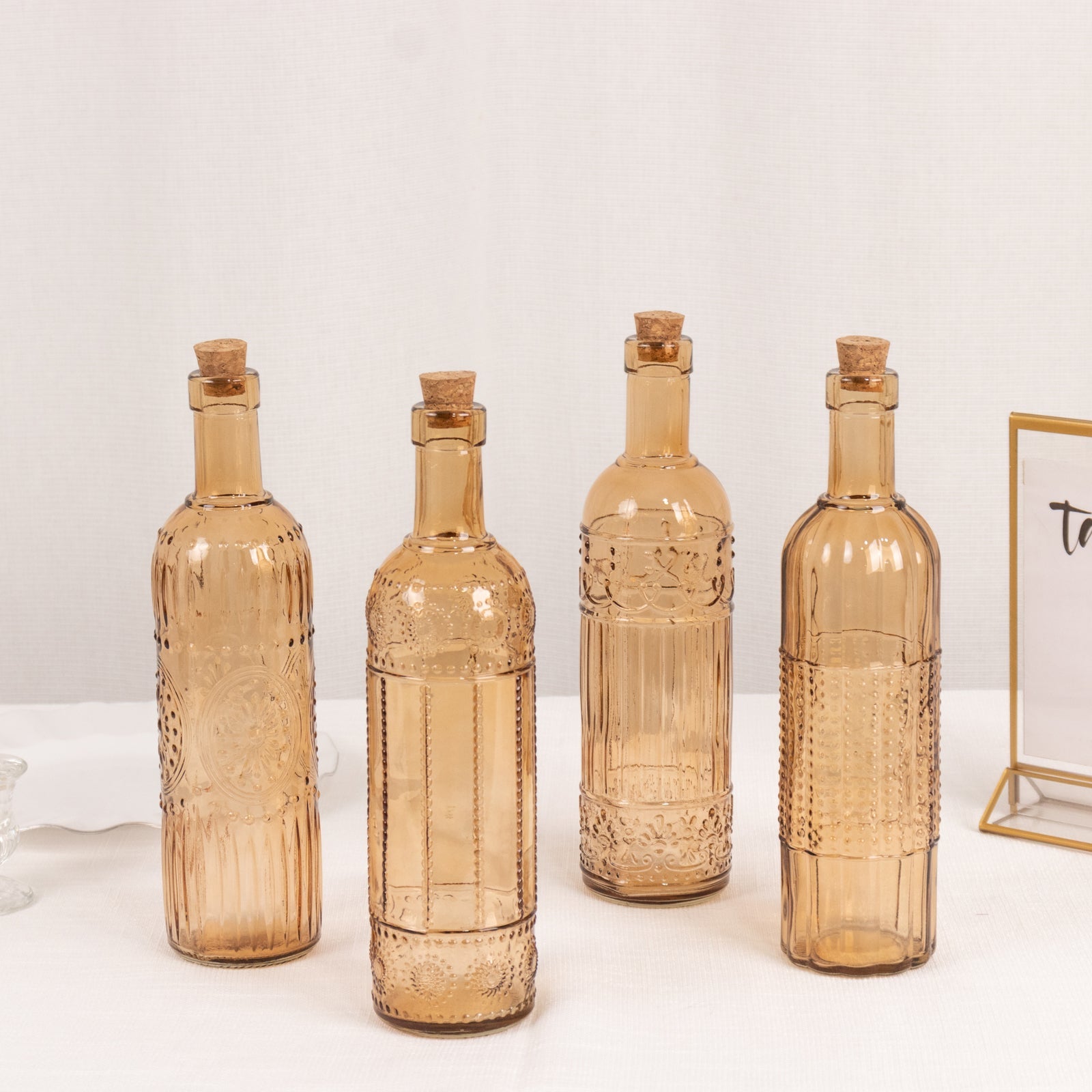 Set of 4 Embossed Glass Bottles Vintage Amber Gold with Corks - Large Flower Bud Vases 16oz 10 Tall