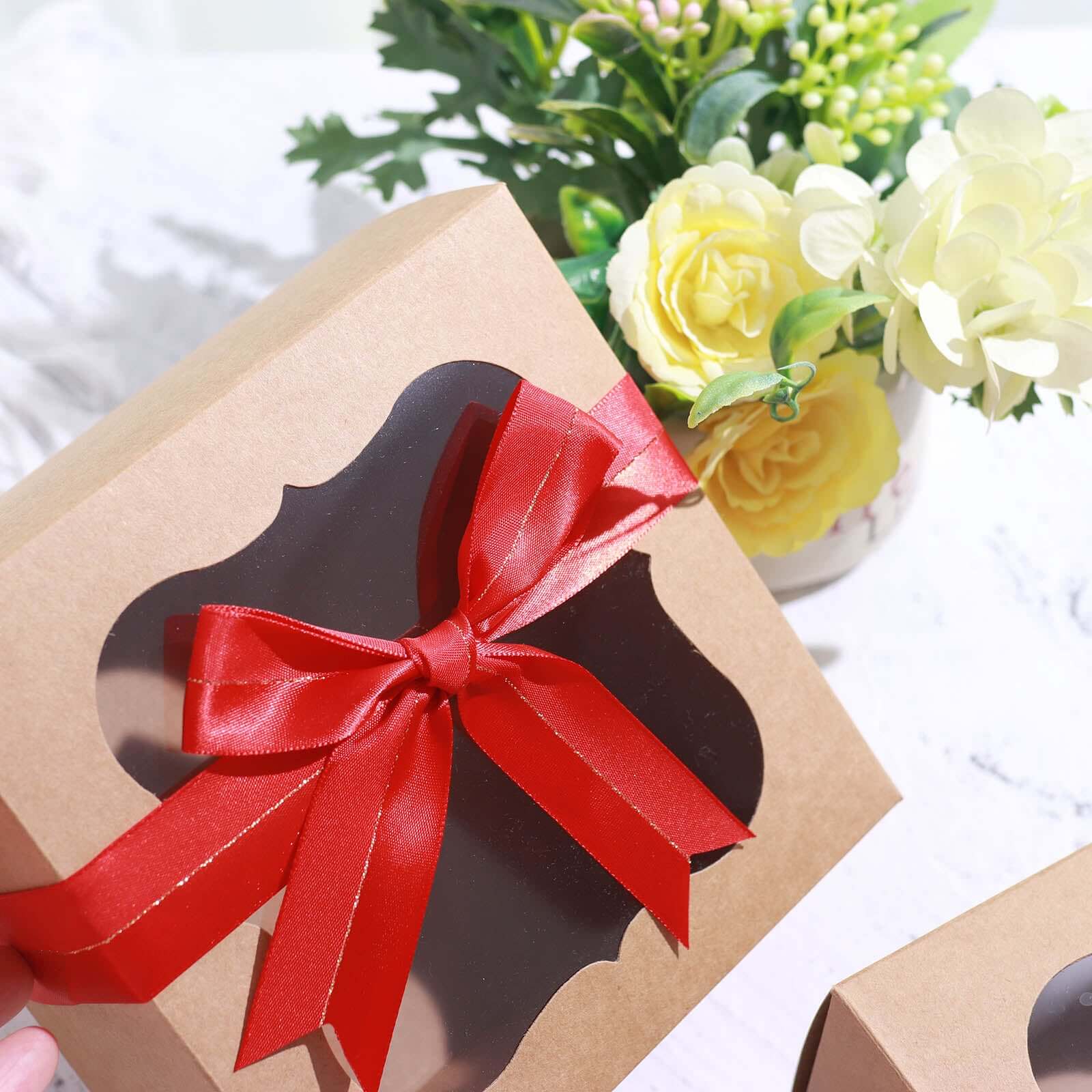 50 Pcs 10 Red Pre Tied Ribbon Bows, Satin Ribbon With Gold Foil Lining For Gift Basket and Party Favors Decor