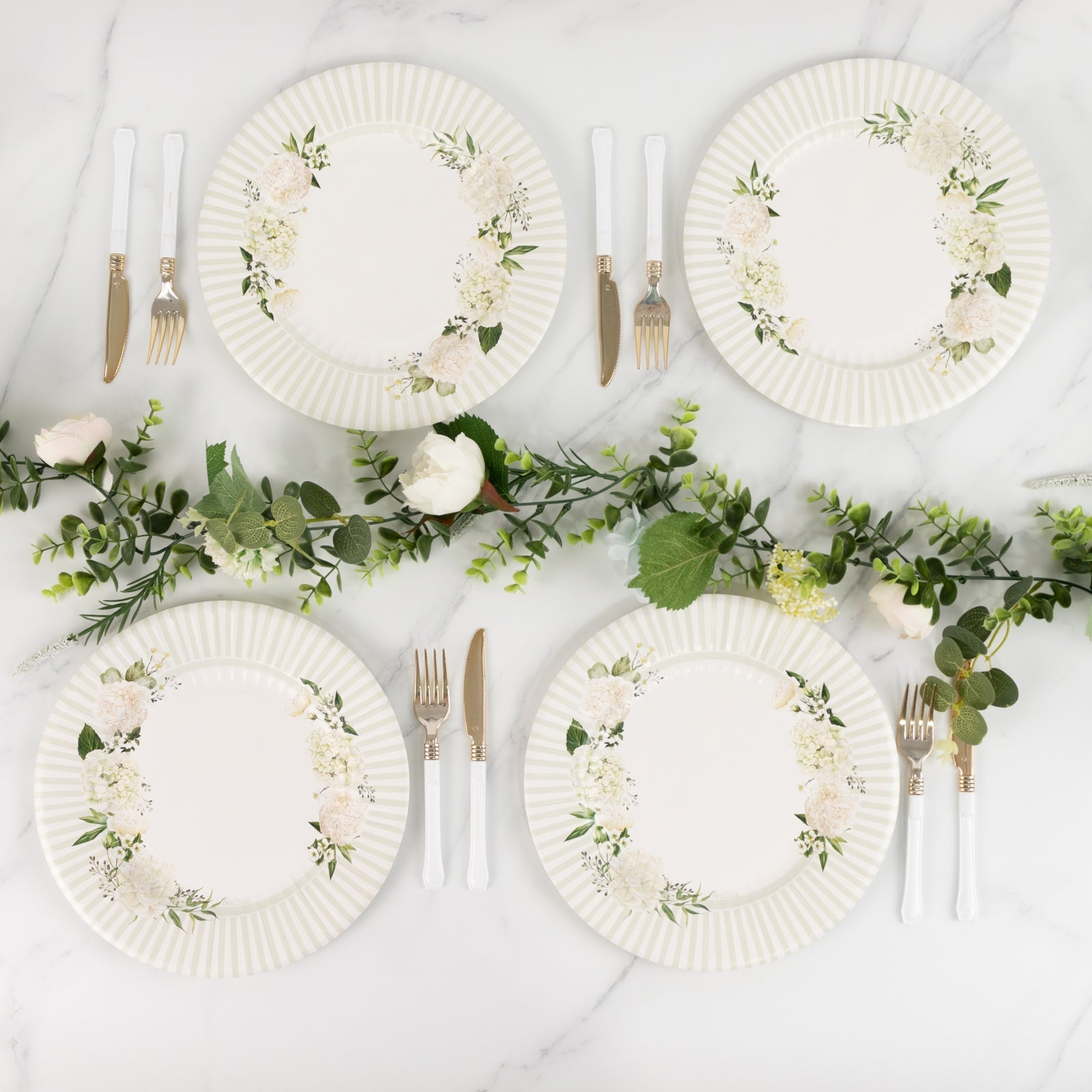 25-Pack Paper 10 Round Dinner Plates in White with Sage Green Floral Print & Lined Rim - Disposable Party Plates for Bridal Showers & Luncheons