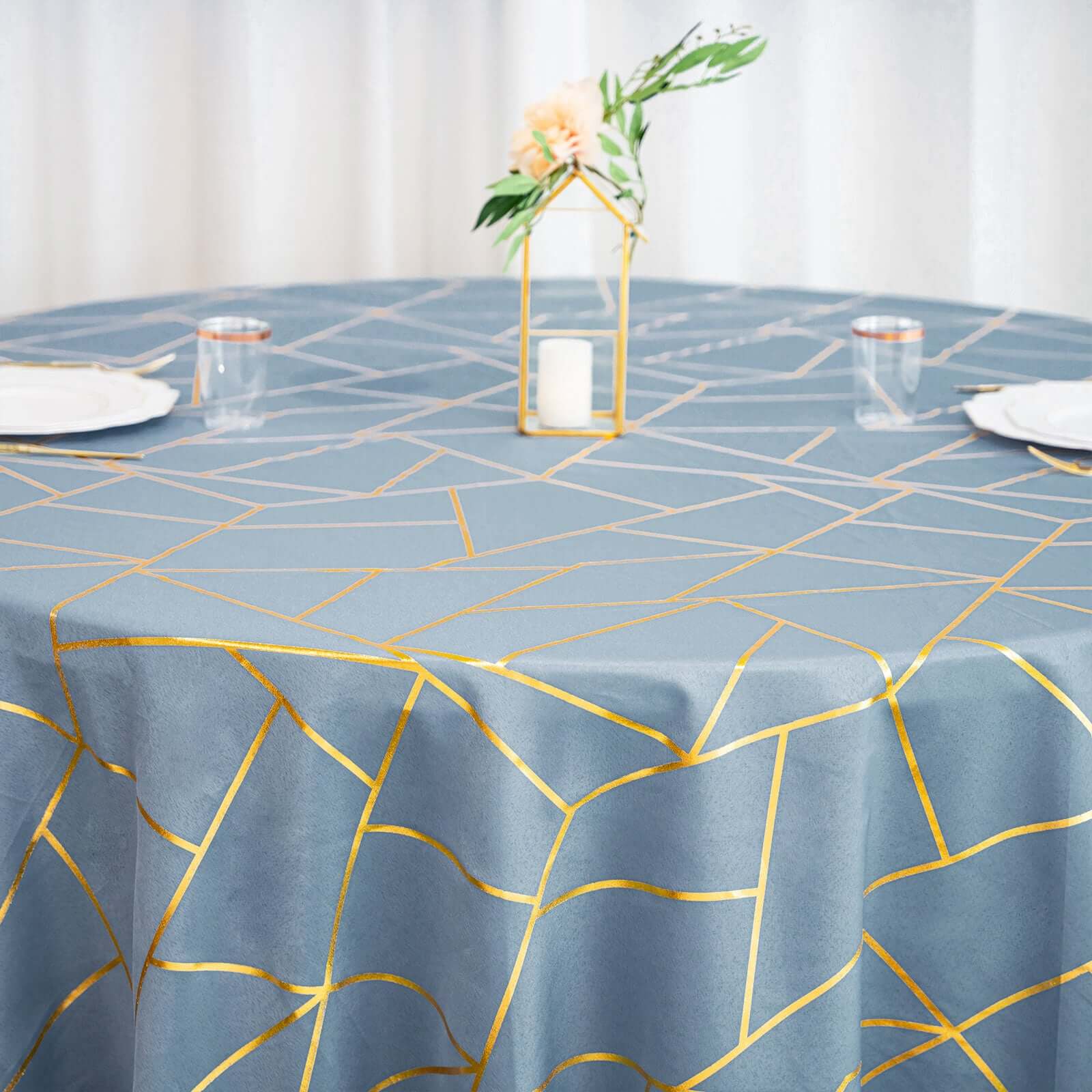 Polyester 120 Round Tablecloth Dusty with Gold Foil Geometric Pattern Wrinkle-Resistant Seamless Table Cover