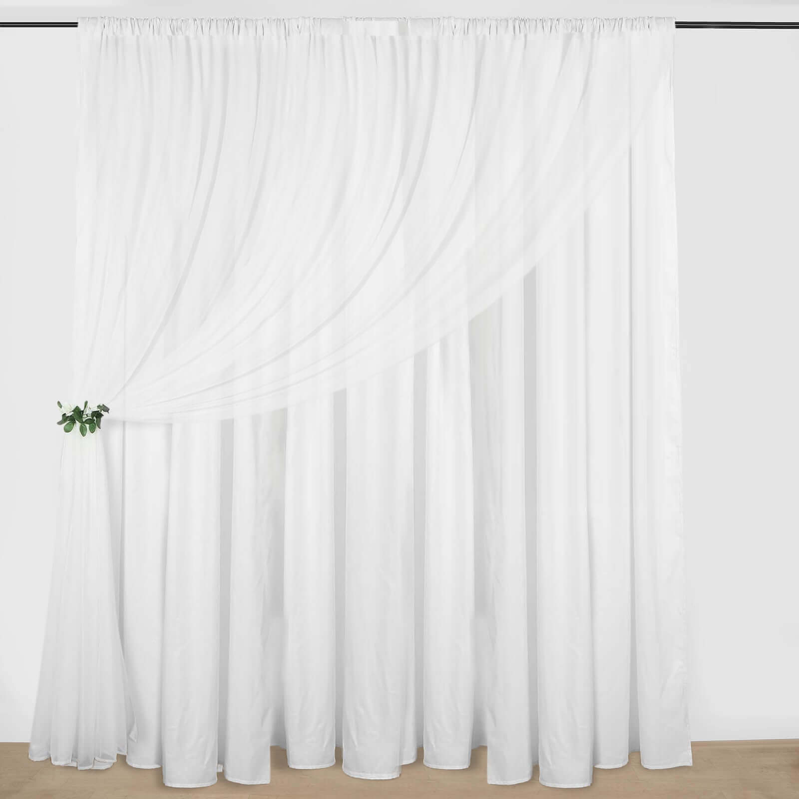 White Chiffon Polyester Event Curtain Drapes, Dual Layer Divider Backdrop Curtain Panels with Rod Pockets - 10ftx10ft