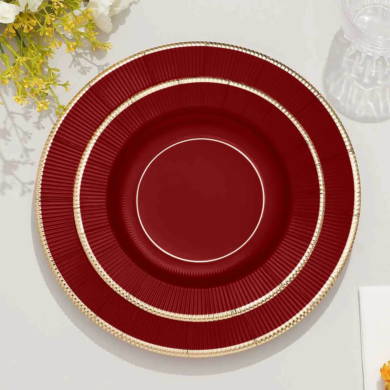 25-Pack Paper 8 Round Dessert Plates in Burgundy Sunray Design with Gold Rim - Disposable Heavy Duty 350GSM Appetizer Salad Plates