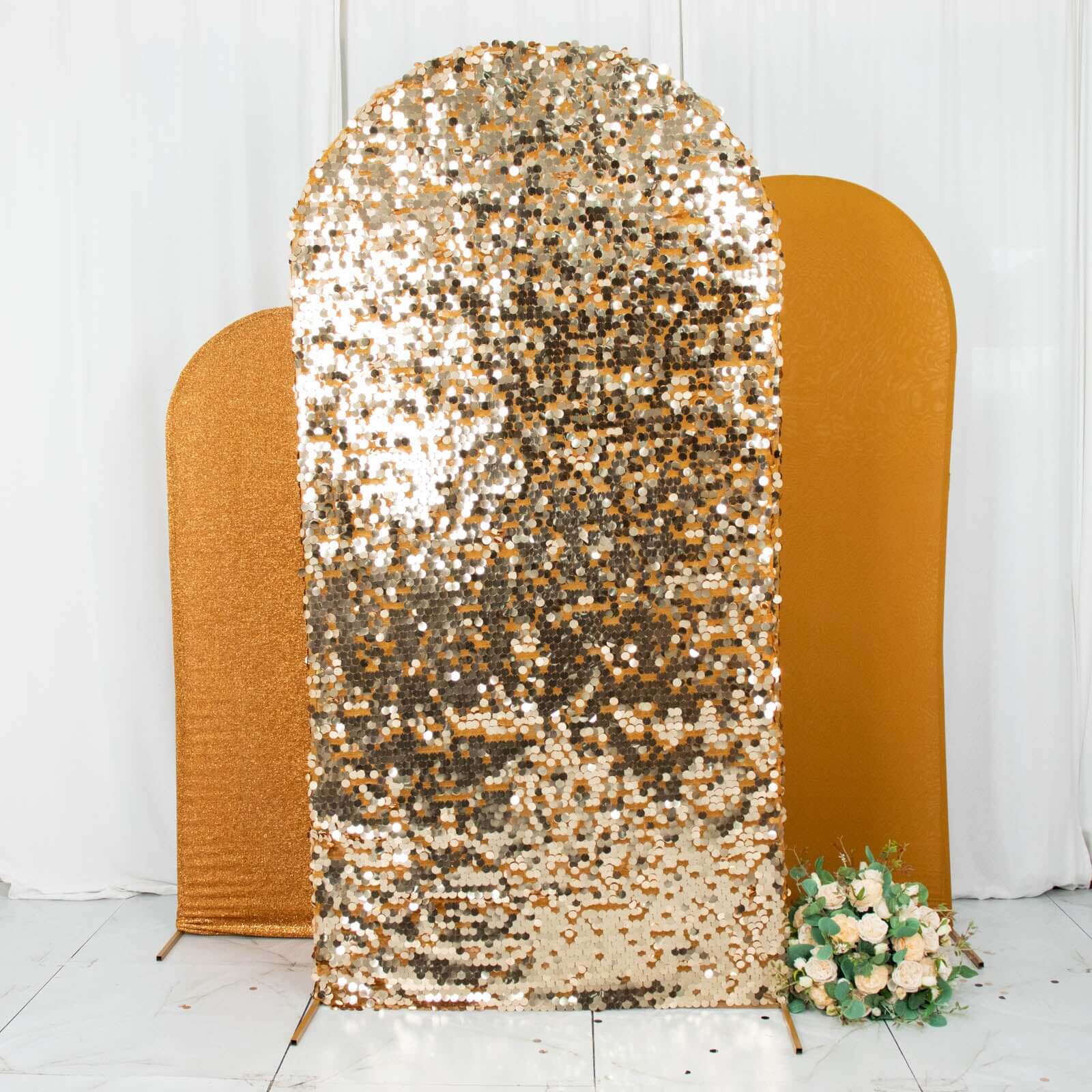 Set of 3 Gold Round Top Fitted Wedding Arch Frame Covers, Big Payette Sequin, Shimmer Tinsel and Matte Spandex Backdrop Stand Covers