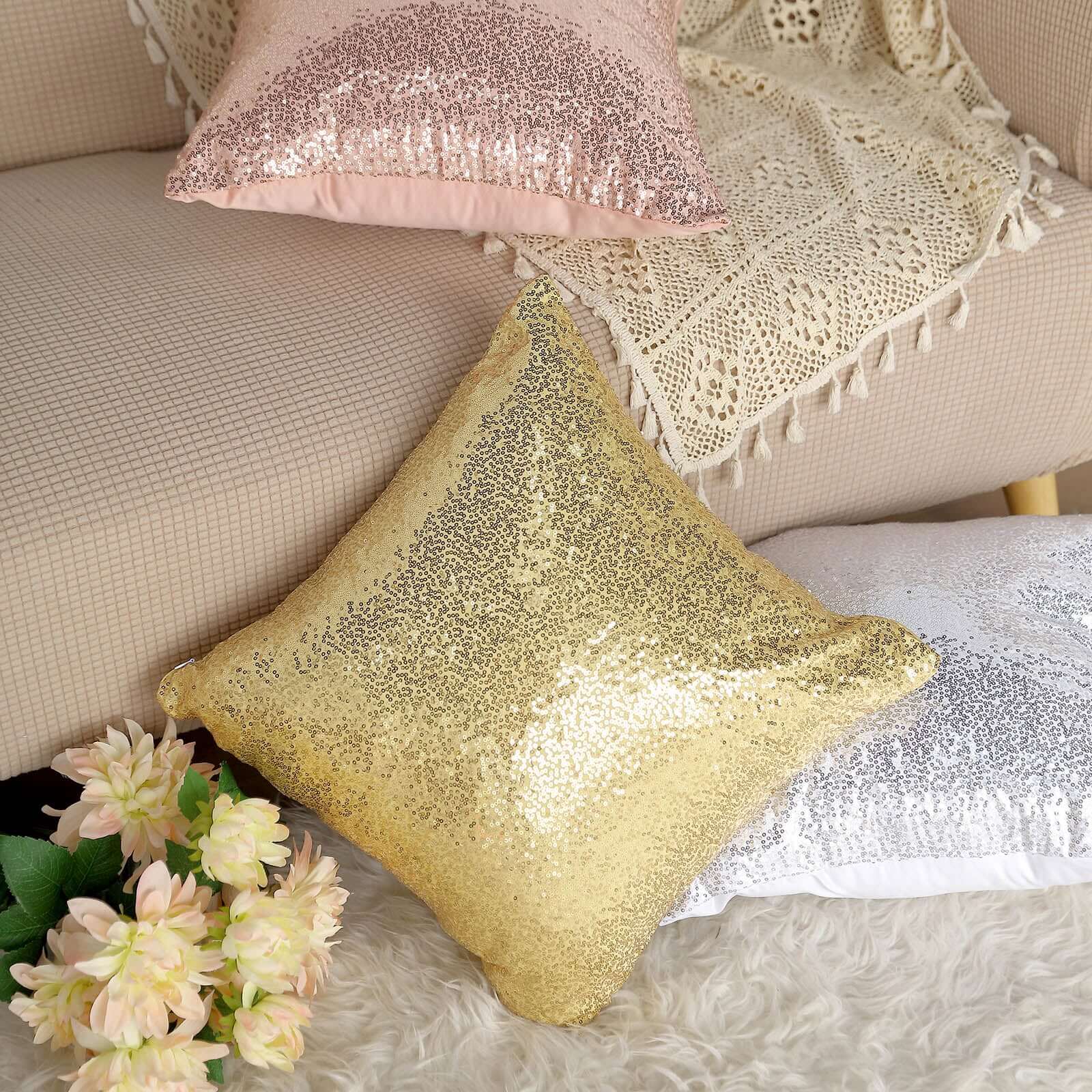 2 Pack 18x18 Sequin Throw Pillow Cover, Decorative Cushion Case - Square Champagne Sequin