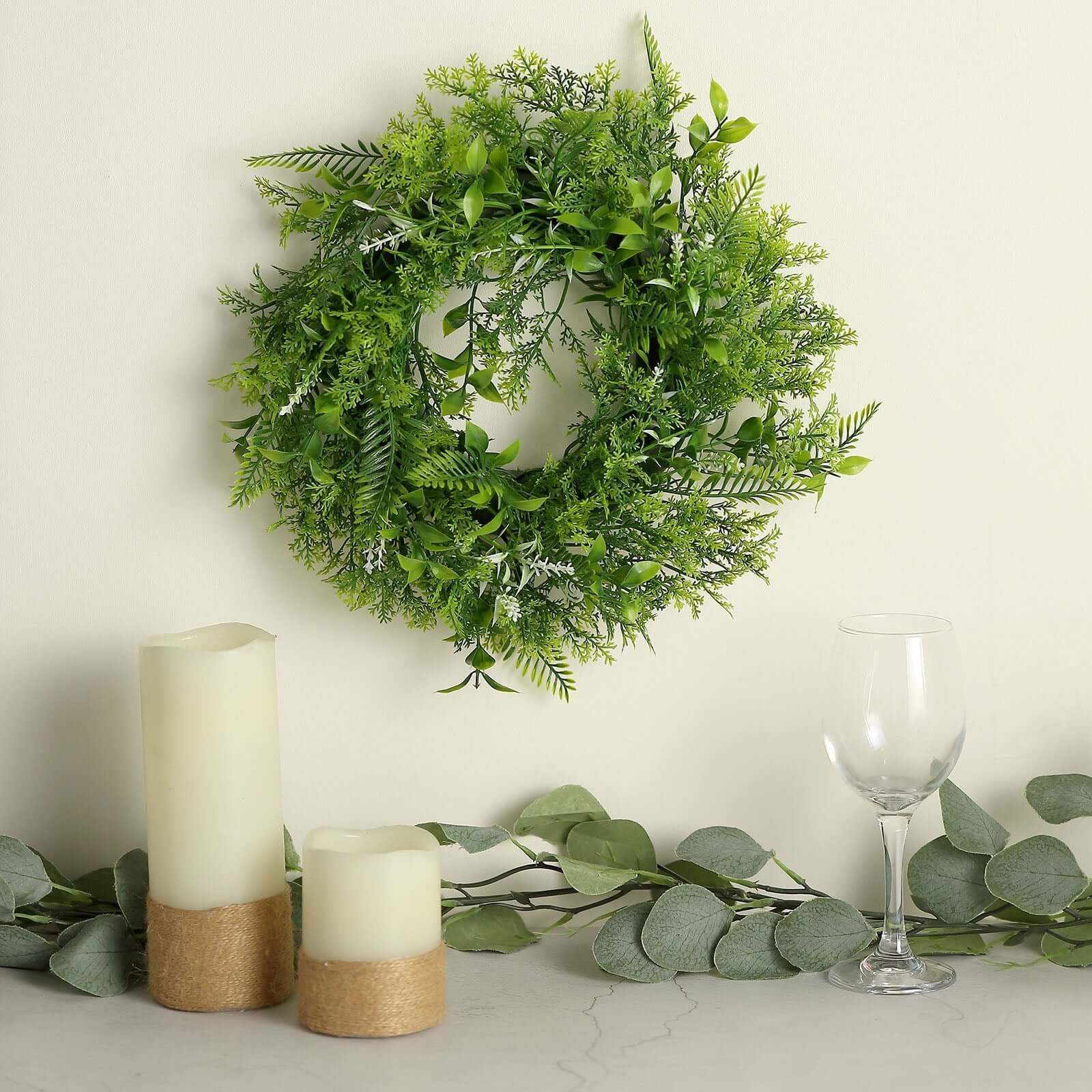 2 Pack 4 Green Artificial Fern Leaf Mix Pillar Candle Ring Wreaths