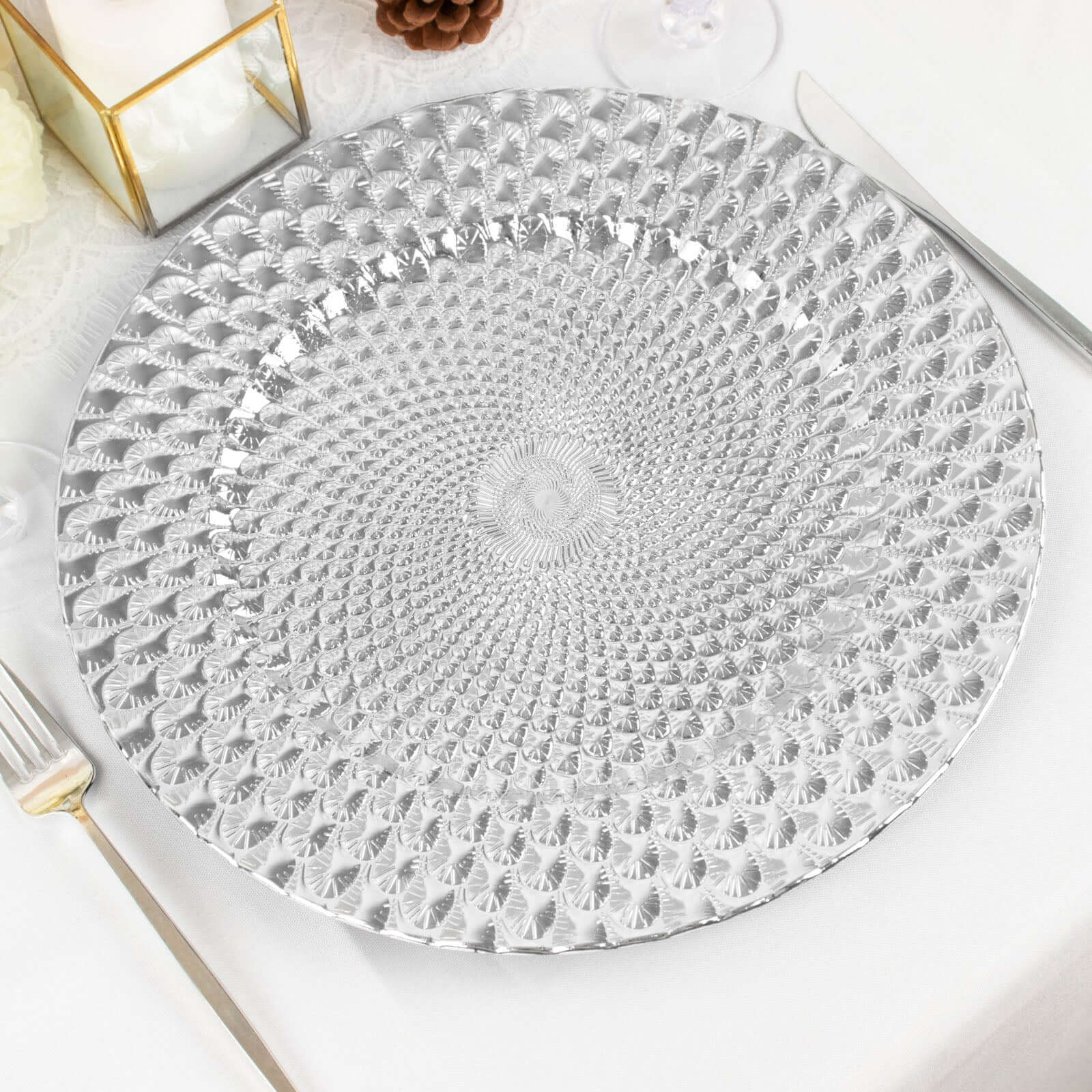 6-Pack Plastic Round Charger Plates 13 in Silver with Peacock Pattern, Exquisite Decorative Dinner Party Charger Tableware