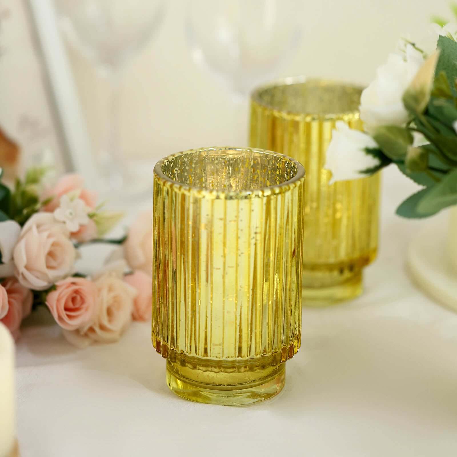 3-Pack Mercury Glass Hurricane Candle Holders Gold Wavy Column Design - Votive Pillar Vase 5