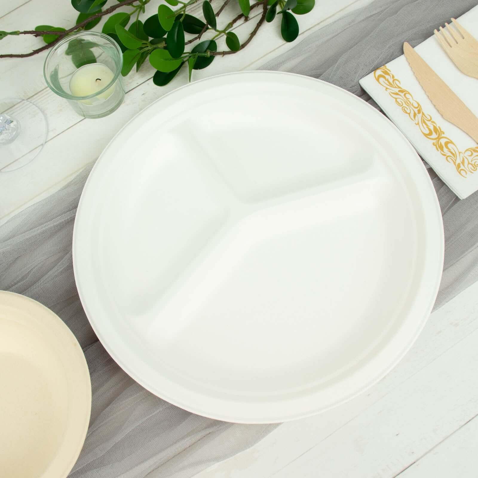 50-Pack Bagasse 10 Round Dinner Plates in White with 3-Compartments - Eco Friendly Biodegradable Sugarcane Divided Plates for Food Trucks Catering & Events