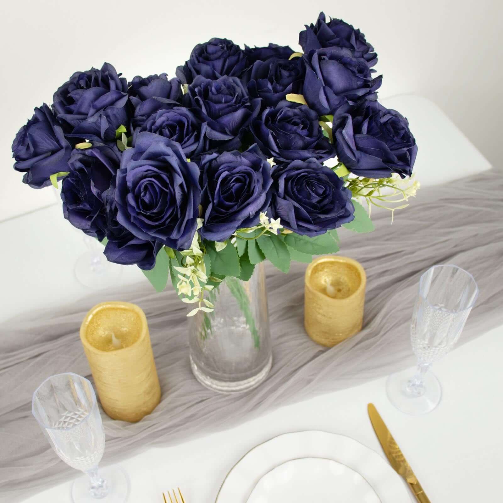 2 Bushes 18 Real Touch Navy Blue Artificial Rose Flower Bouquet, Silk Long Stem Flower Arrangements