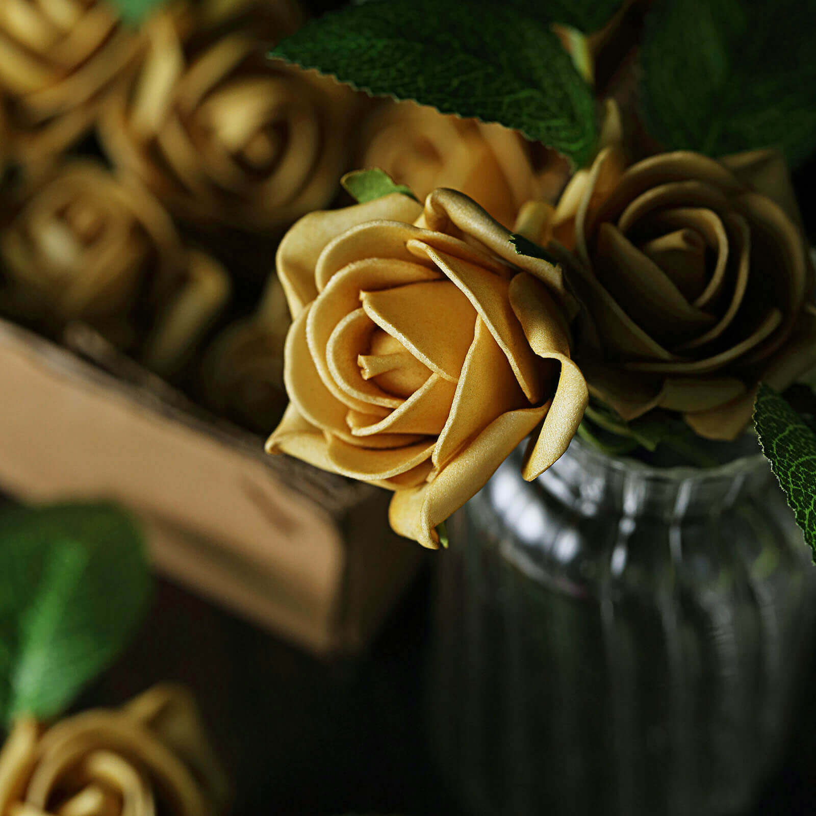 24 Roses 2 Gold Artificial Foam Flowers With Stem Wire and Leaves