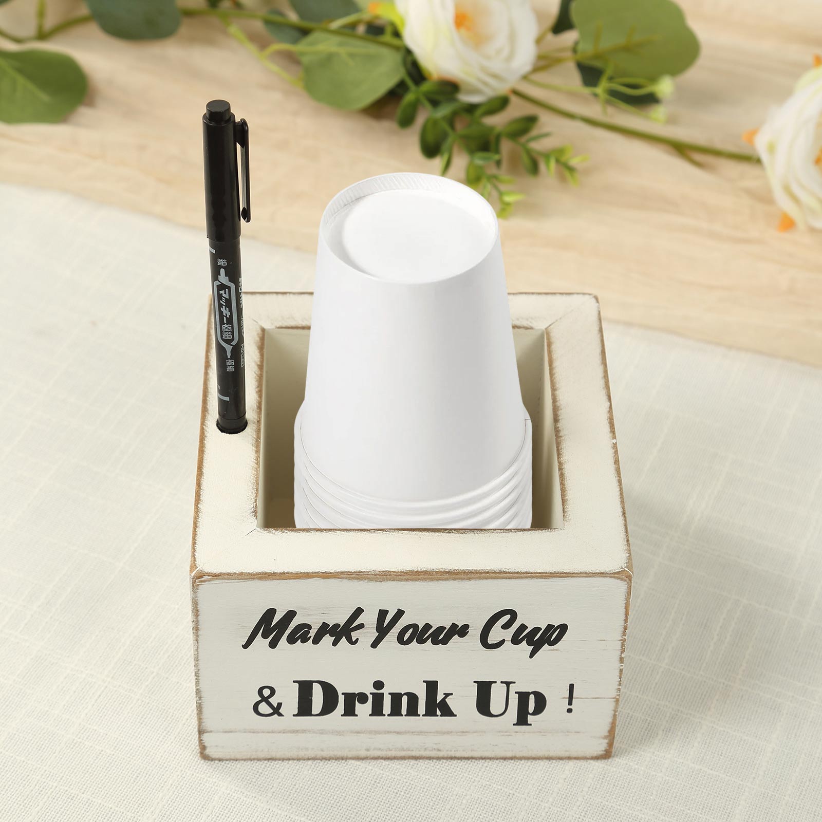 Rustic Wooden Solo Cup Holder Whitewashed with Black Marker - Farmhouse Party Dispenser Box 5.5