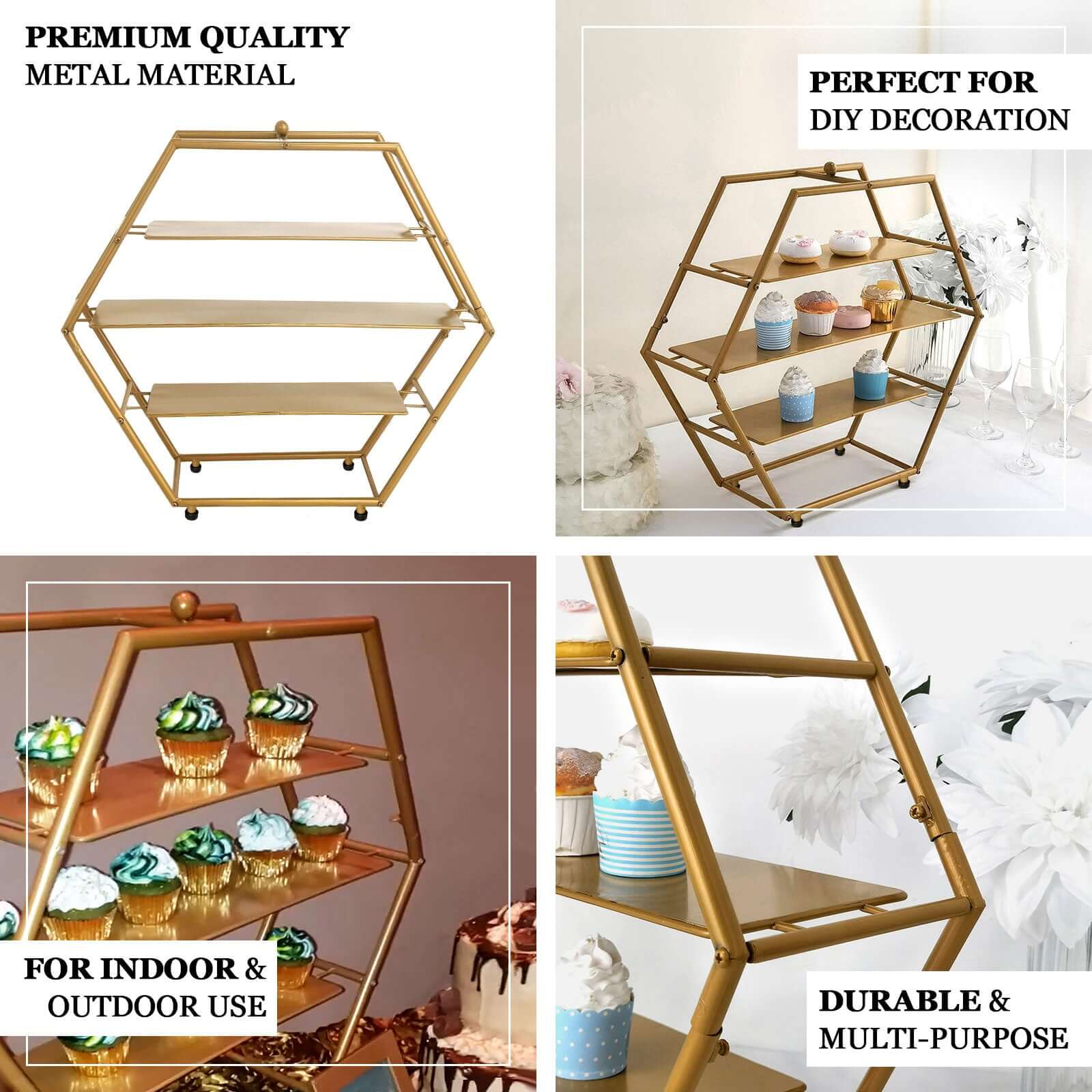 3-Tier Metal Hexagon Cupcake Stand Matte Gold - Stylish Geometric Dessert Holder Appetizer Display for Modern Weddings Dessert Buffets & Celebrations 21