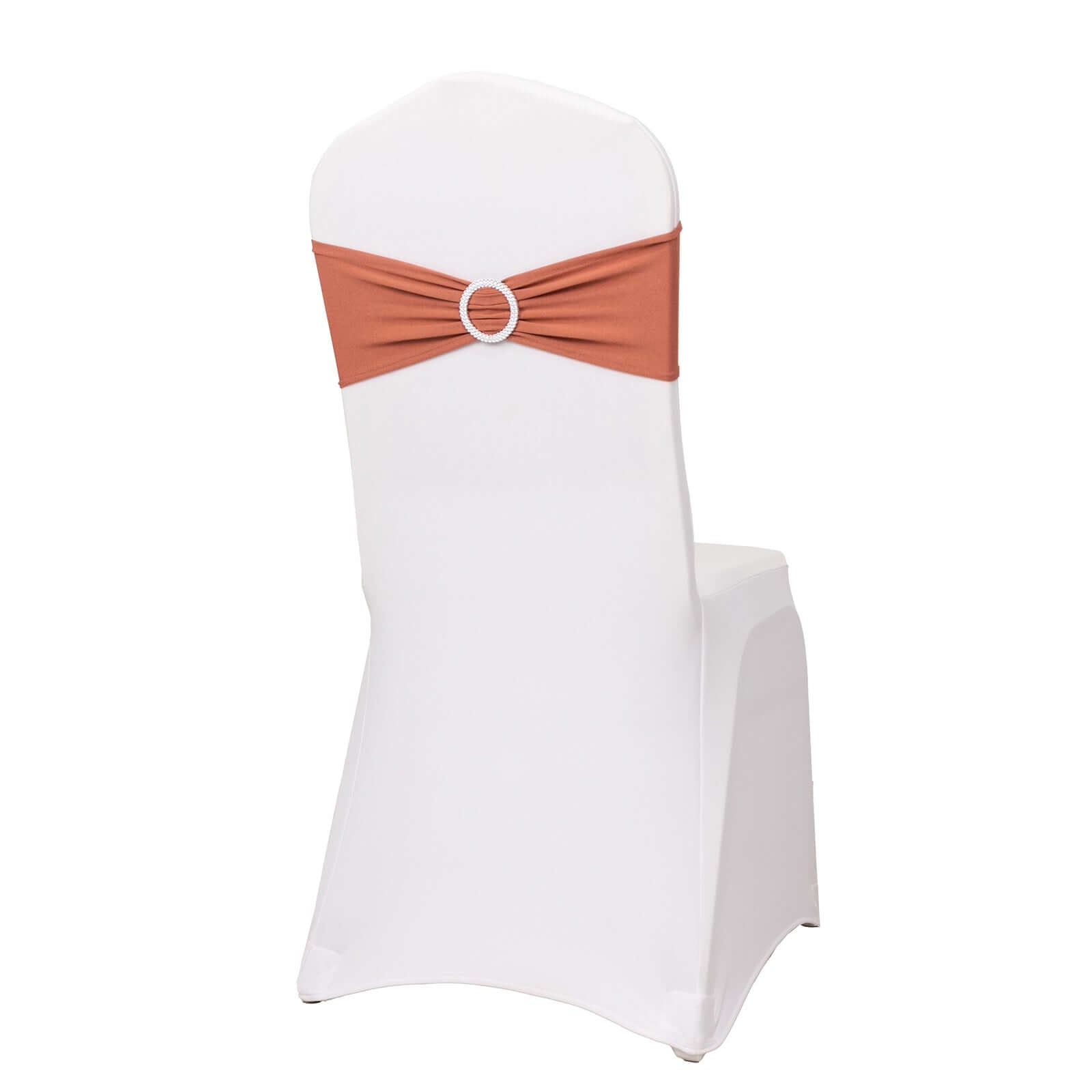 5 Pack Stretch Spandex Chair Sashes Terracotta (Rust) - Reusable Chair Bands with Silver Diamond Ring Slide Buckle 5x14