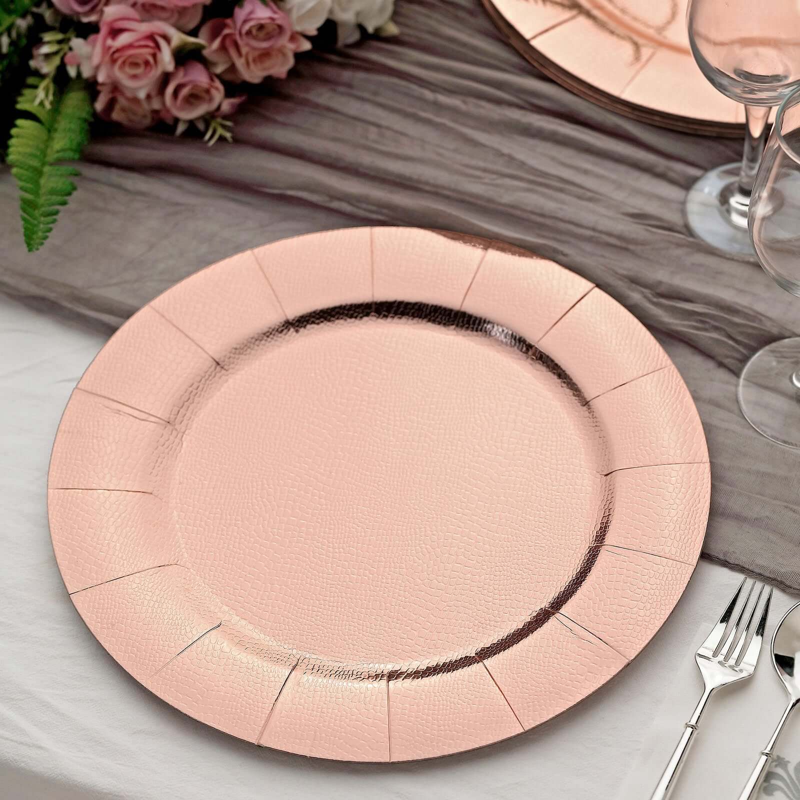 10-Pack Disposable Round Charger Plates in Rose Gold with Leathery Texture - Durable 1100GSM Cardboard Placemats 13