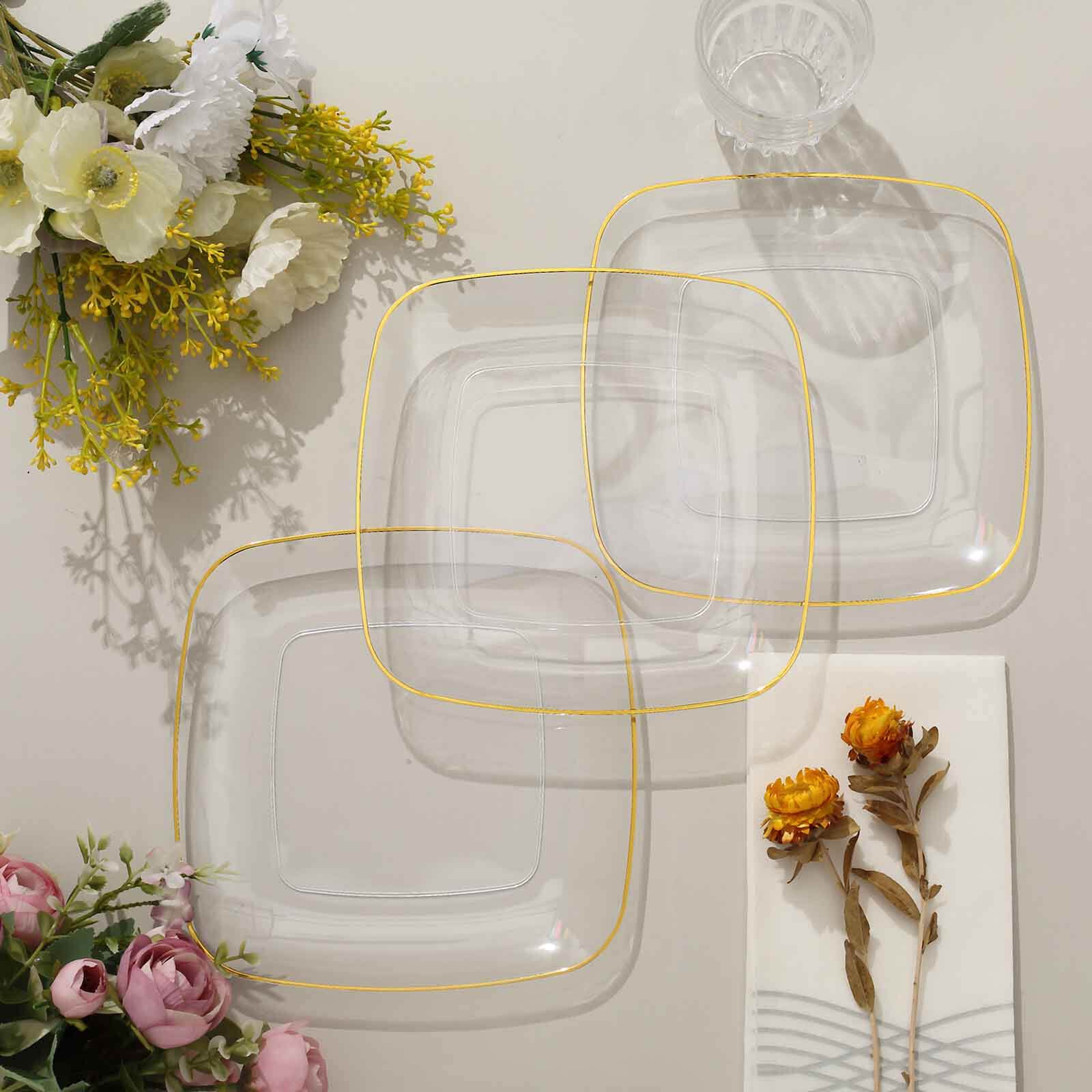 10-Pack Plastic 7 Square Dessert Plates in Clear with Gold Rim - Classy Disposable Appetizer Salad Plates