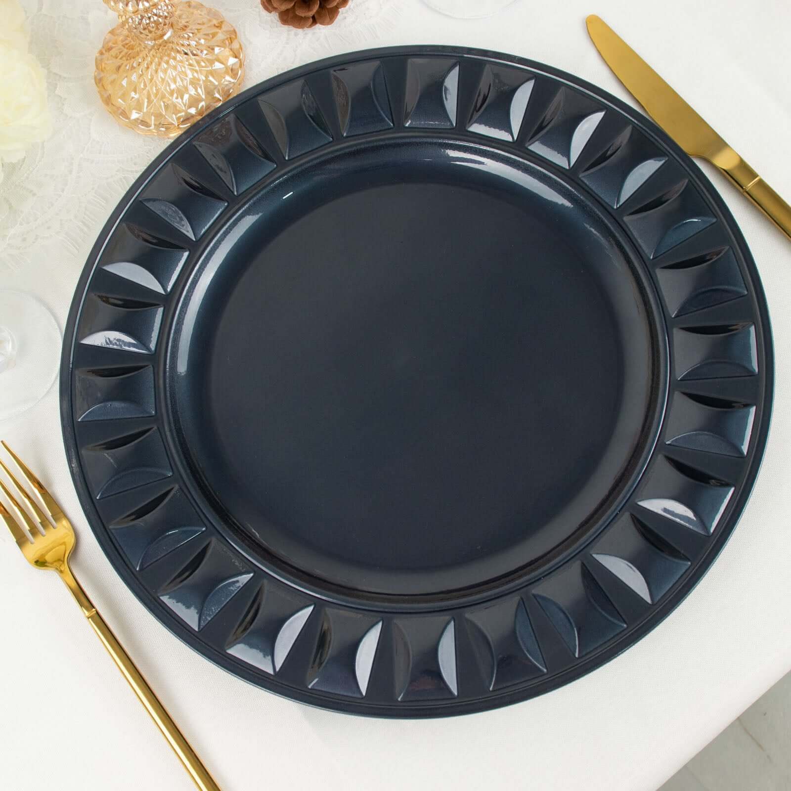 6-Pack Plastic Round Charger Plates 13 in Navy Blue with Bejeweled Rim, Luxe Decorative Dinner Party Charger Tableware