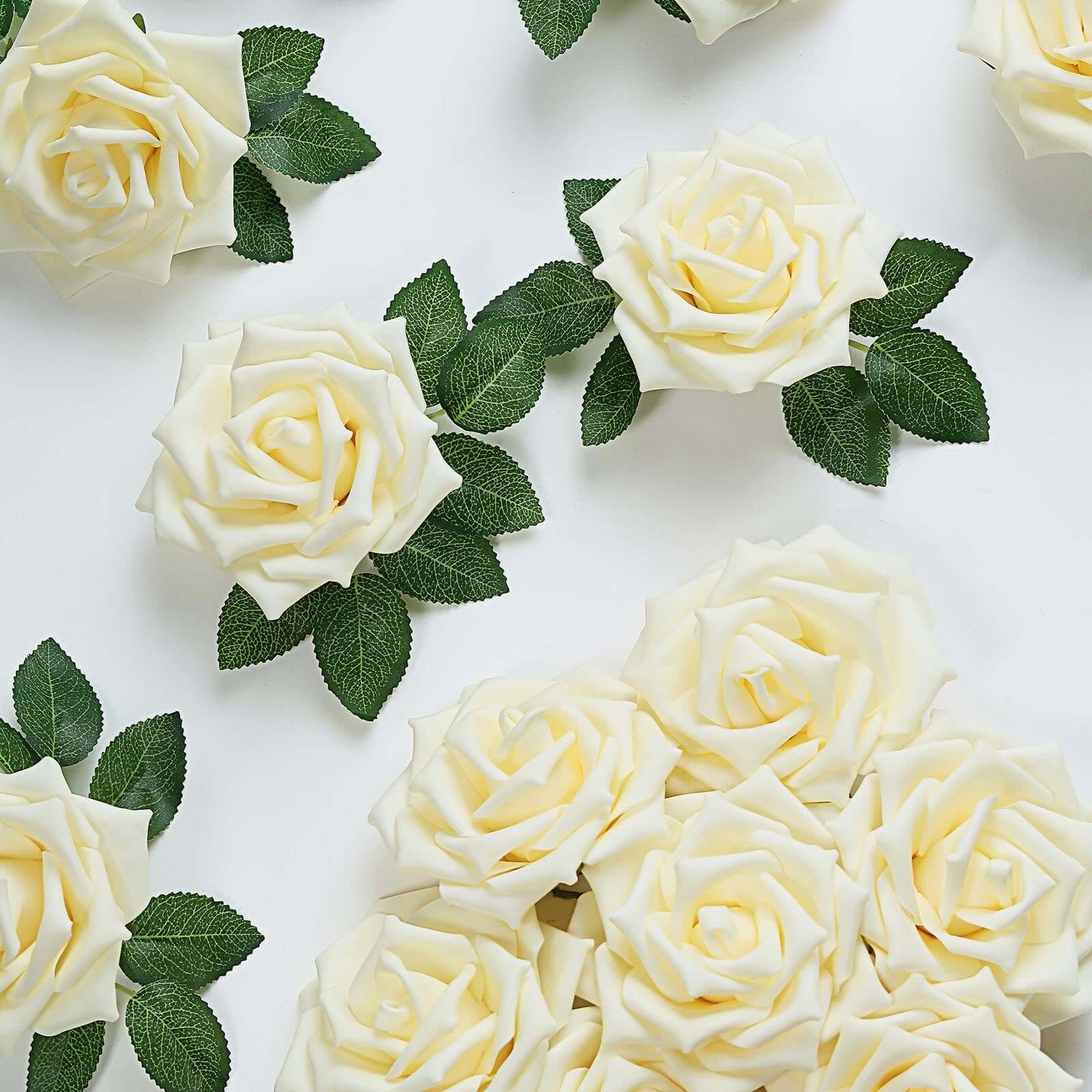 24 Roses 5 Cream Artificial Foam Flowers With Stem Wire and Leaves