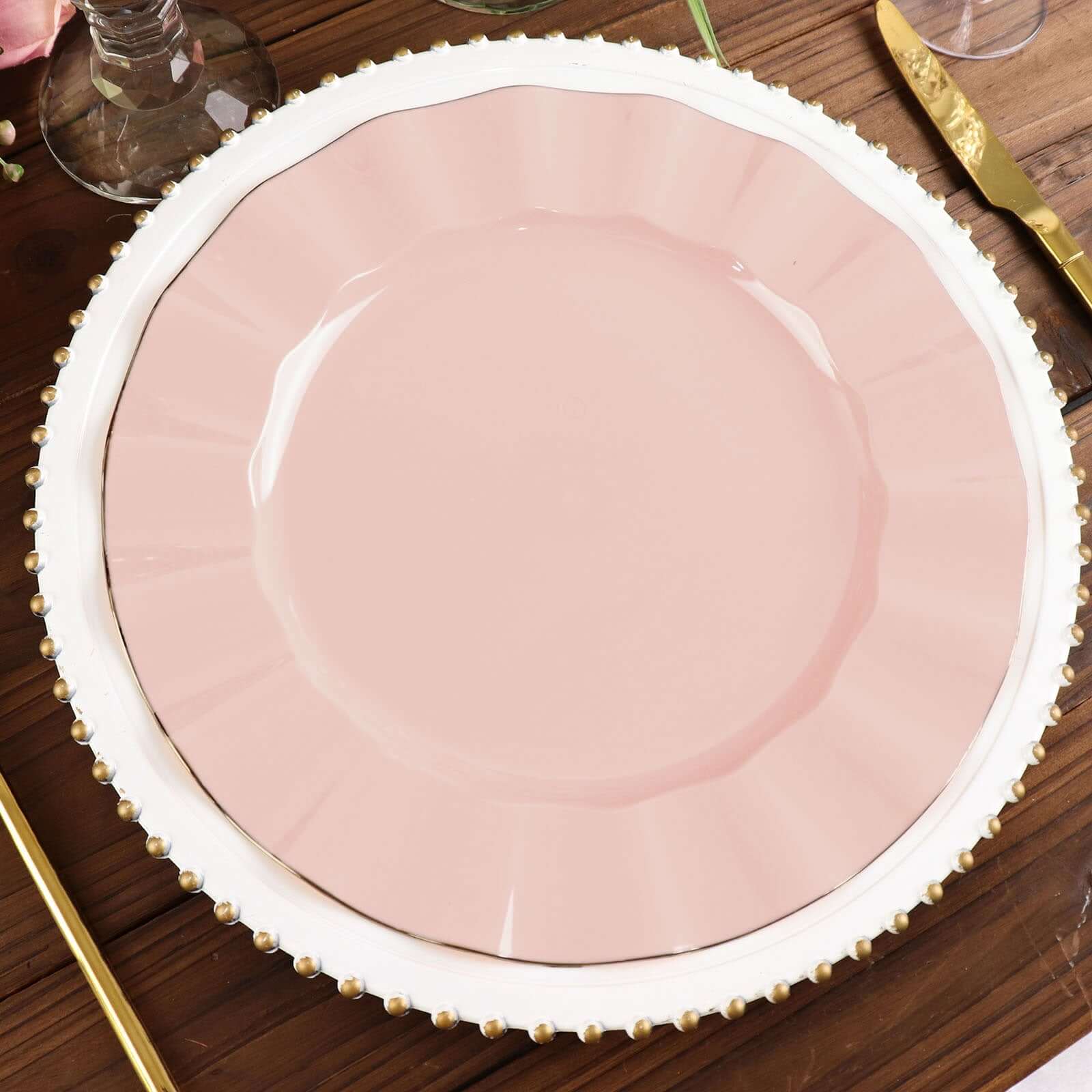 10-Pack Plastic 11 Round Dinner Plates in Blush Ruffled Rim with Gold Edging - Sturdy Disposable Dinnerware