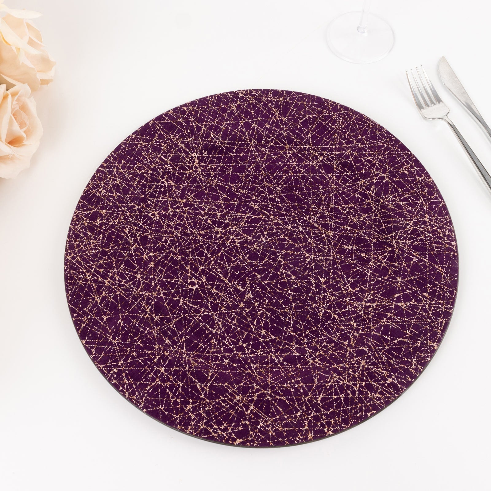 6-Pack Acrylic Round Charger Plates 13 in Purple with Gold Glitter Abstract Lines Pattern, Decorative Dinner Party Charger Tableware