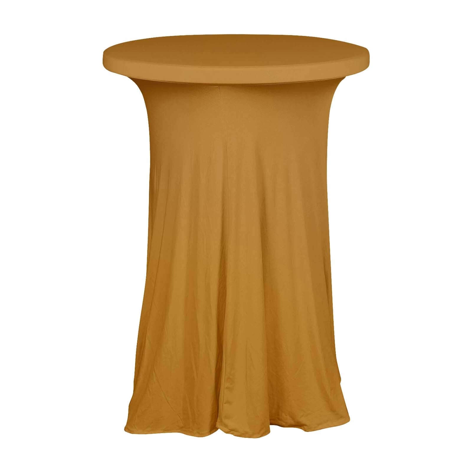 Spandex 32 Round Cocktail Table Cover Skirt Gold With Natural Wavy Drapes - Stylish & Sophisticated Event Decor
