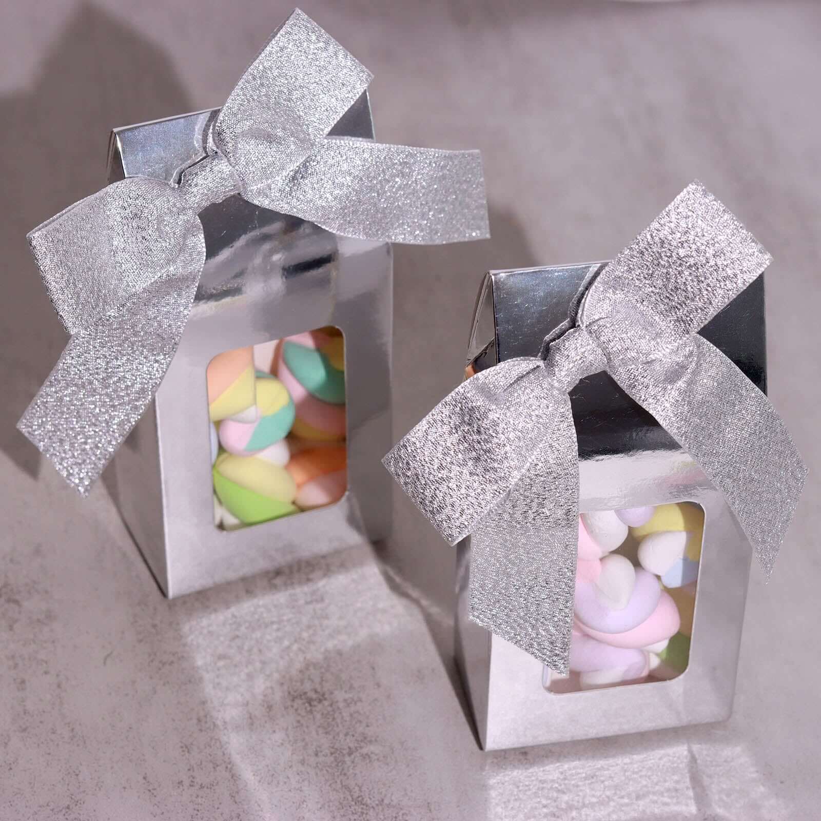 50 Pcs 4 Nylon Ribbon Bows With Twist Ties, Gift Basket Party Favor Bags Decor - Silver Glitter Design