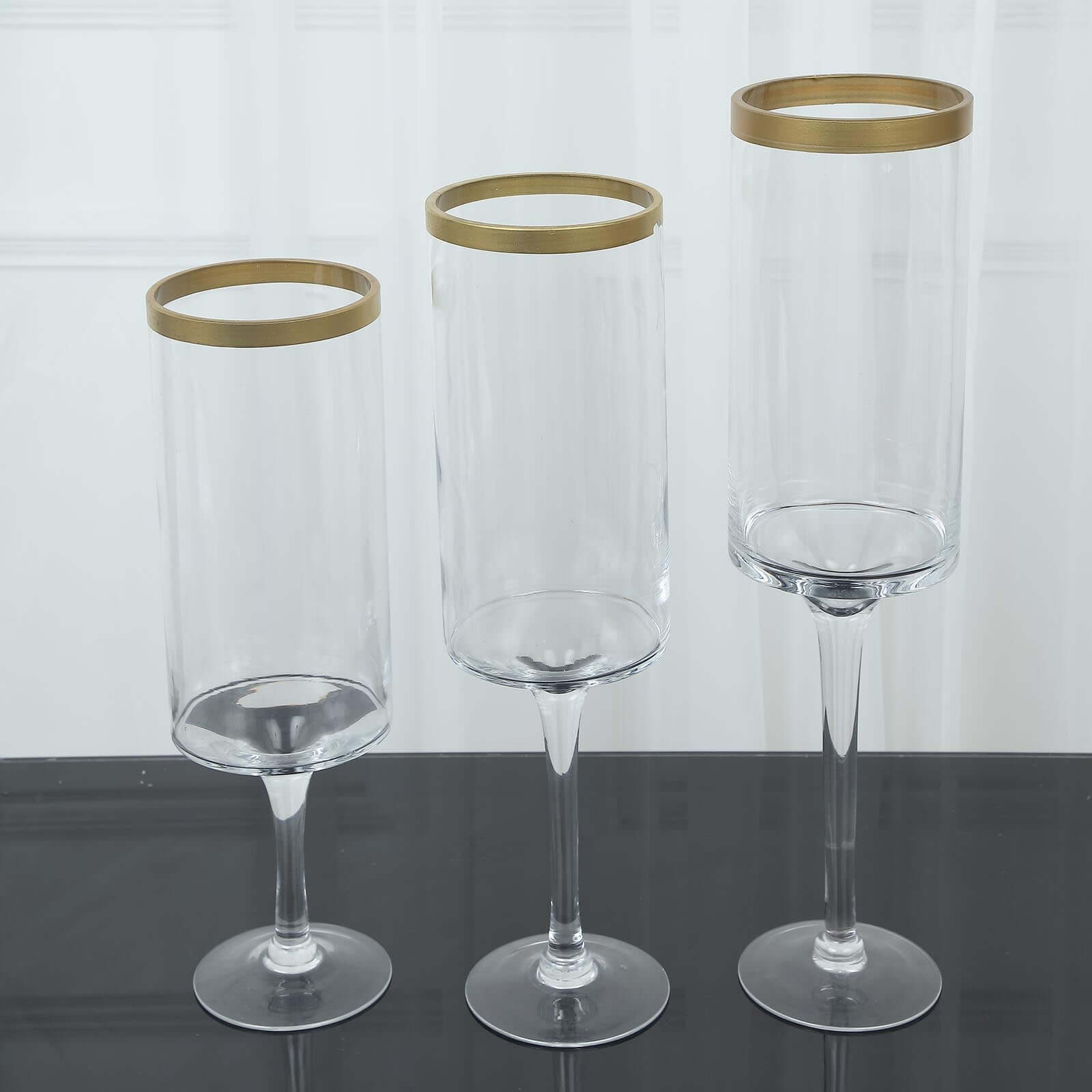 Set of 3 Glass Hurricane Candle Holders Long Stem Clear with Gold Rim - Decorative Pedestal Floral Centerpieces 16, 18, 20