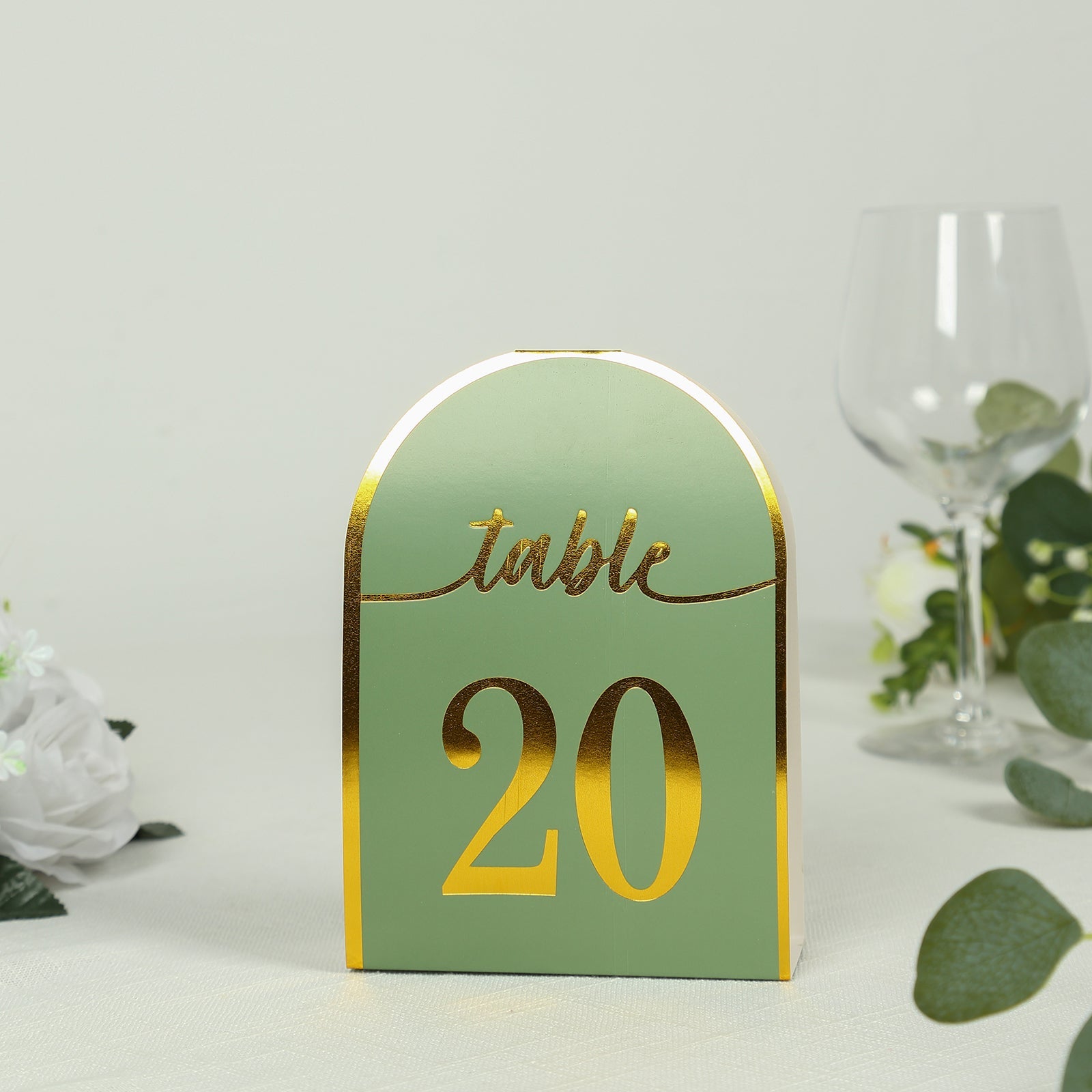 25-Pack Paper Wedding Table Numbers 1-25 Sage Green Arch Cutout Design - Sleek & Modern Free Standing Double Sided Table Tent Cards with Metallic Gold Foil Numbers 7