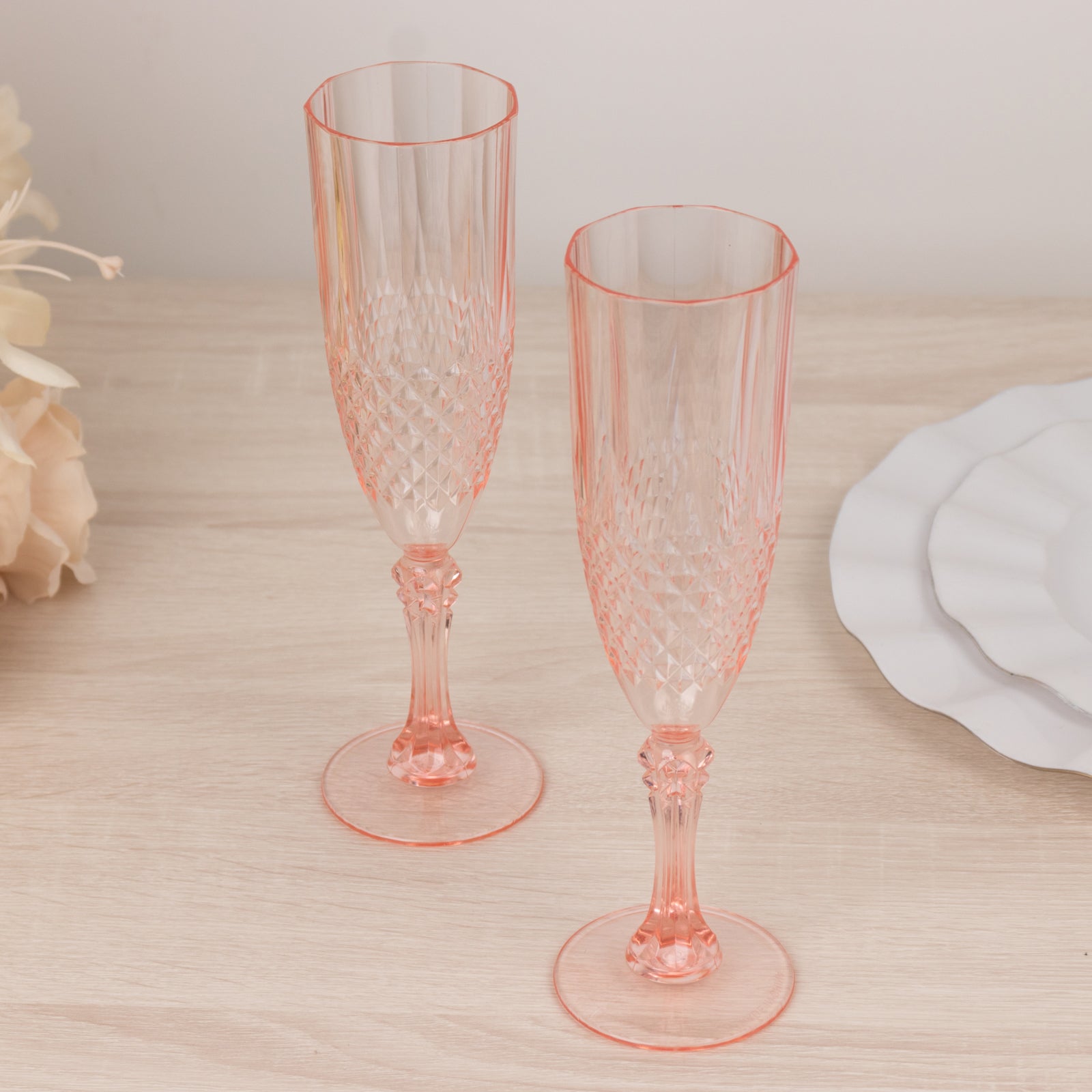 6-Pack Plastic Wedding Toast Flutes Transparent Blush Crystal Cut Style - Reusable Champagne Glasses 8oz