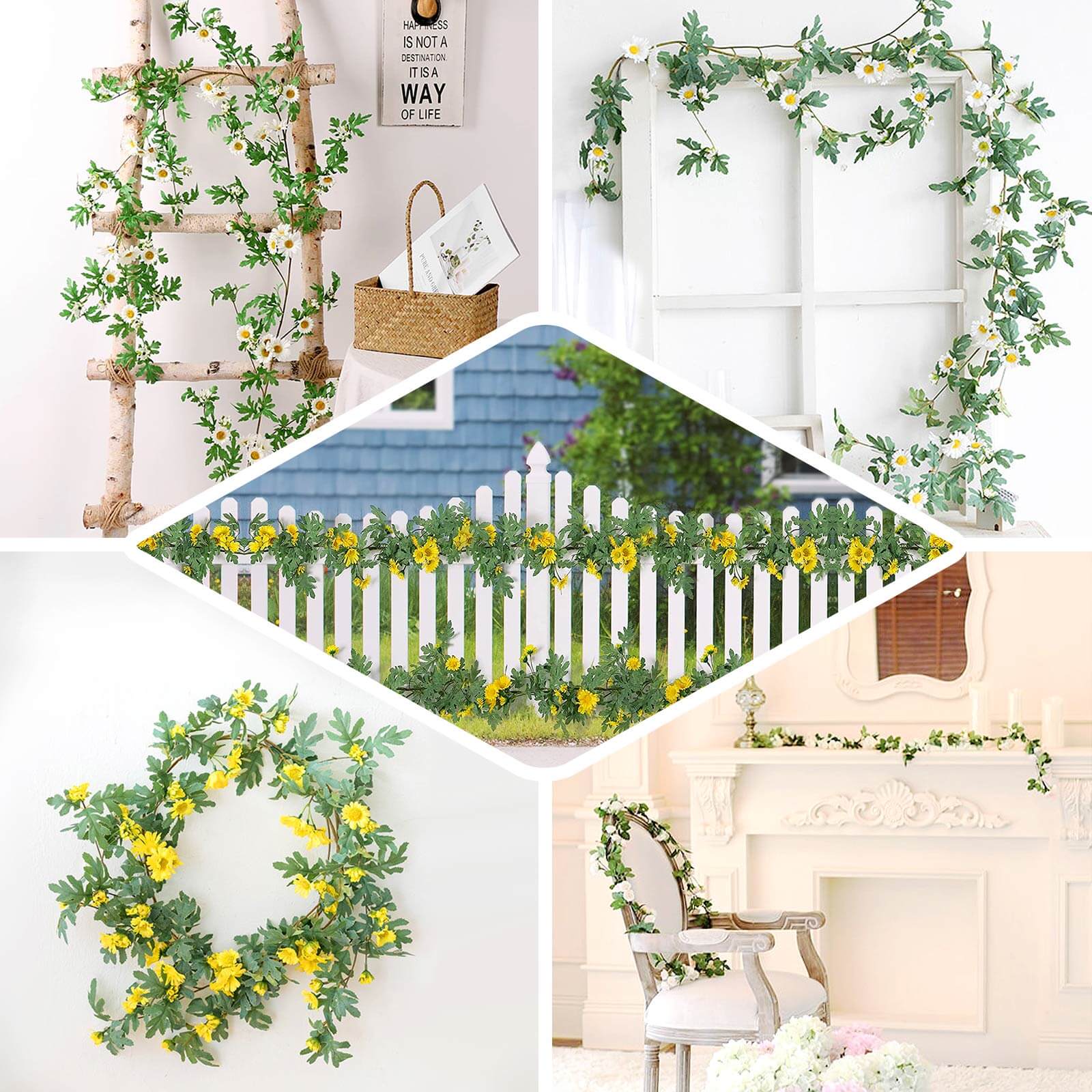 5.5ft Yellow Artificial Daisy Magnolia Leaf Flower Garland Faux Vine