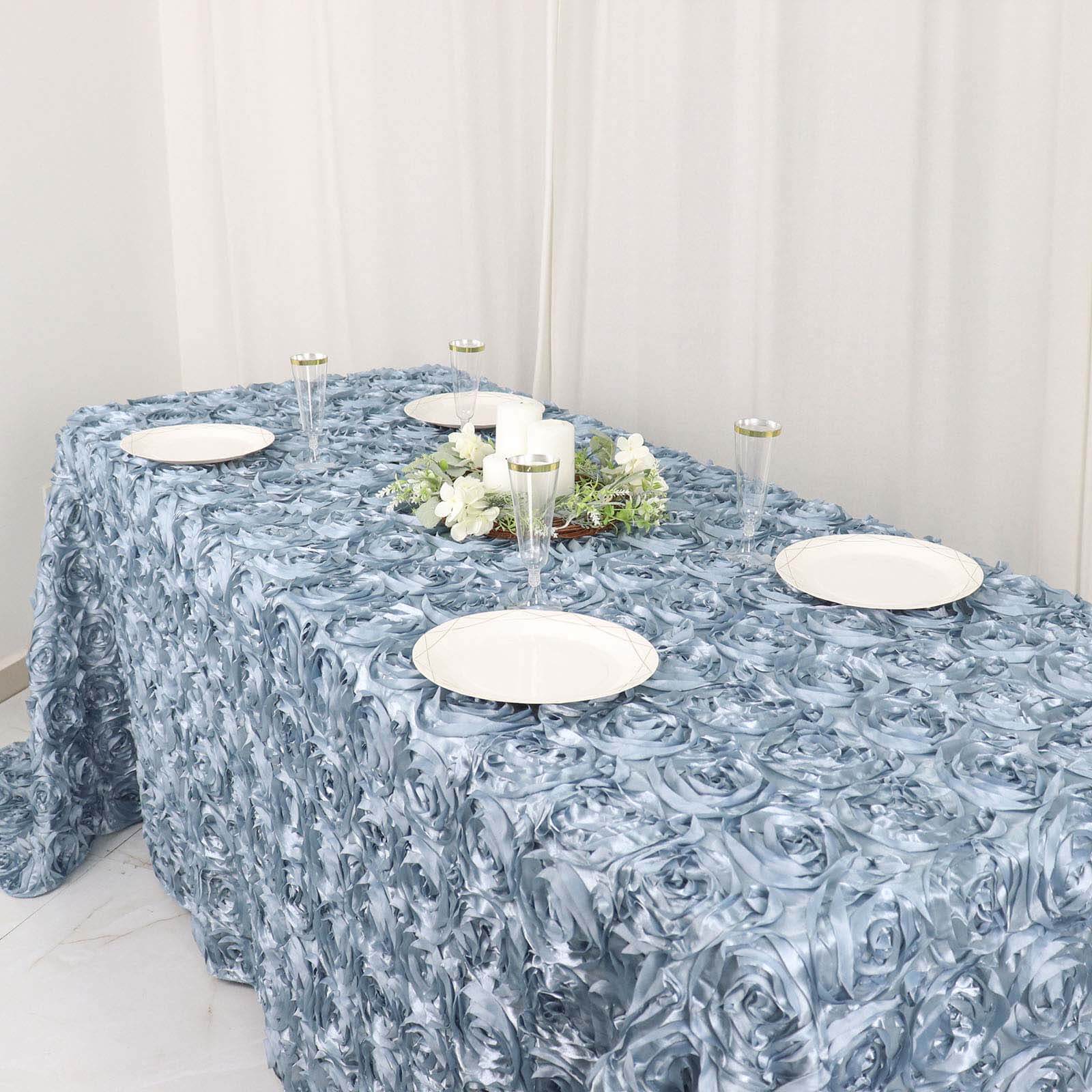 Satin 90x132 Rectangle Tablecloth Dusty Blue - Grandiose 3D Rosette Seamless Table Cover