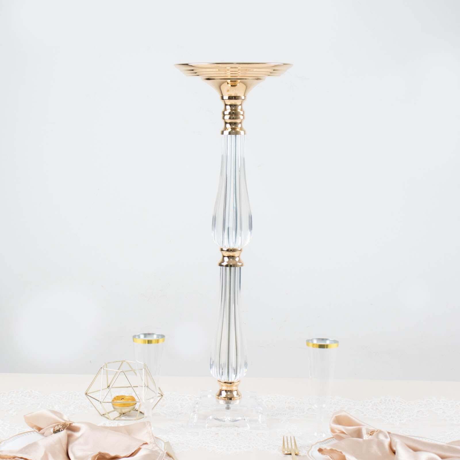 Acrylic Crystal Pillar Candle Stand Gold/Clear - Table Centerpiece and Wedding Flower Bowl Pedestal 24