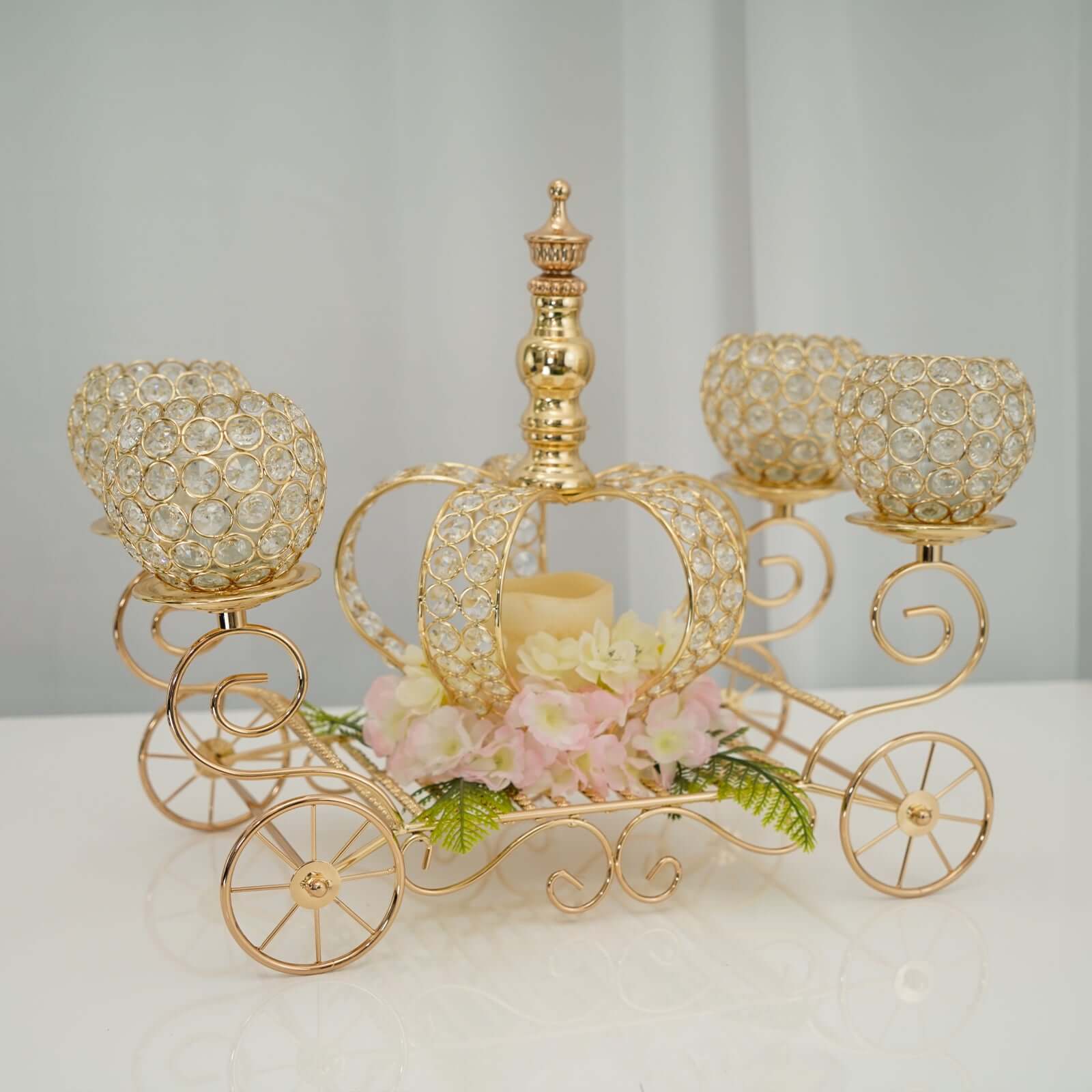 Candle Holder 4-Arm Gold Metal Crystal Cinderella Carriage Wedding Centerpiece - Decorative Display 18