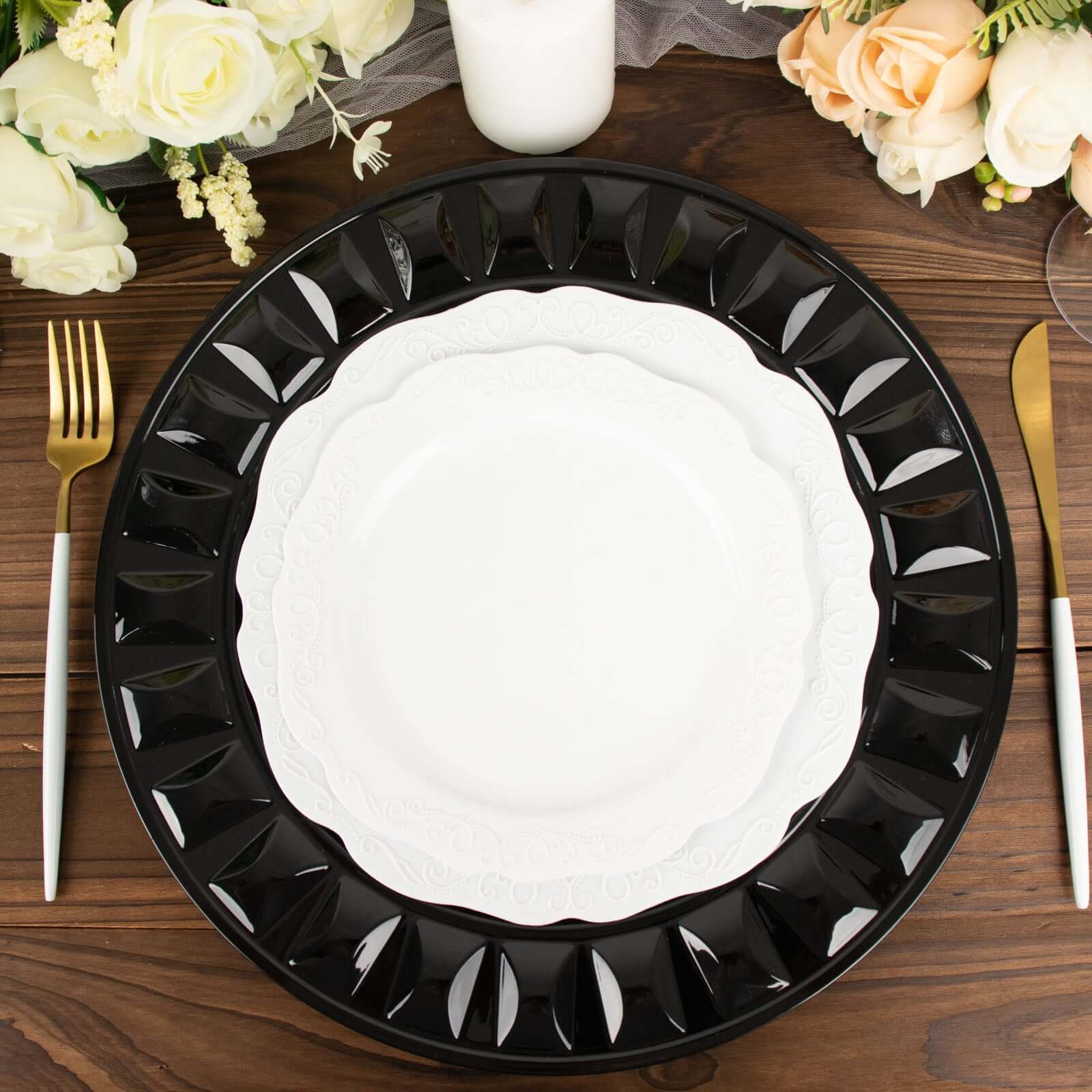 6-Pack Plastic Round Charger Plates 13 in Black with Bejeweled Rim, Luxe Decorative Dinner Party Charger Tableware