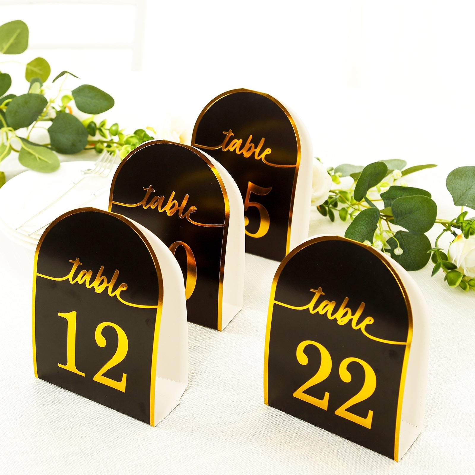 25-Pack Paper Wedding Table Numbers 1-25 Black Arch Cutout Design - Sleek & Modern Free Standing Double Sided Table Tent Cards with Metallic Gold Foil Numbers 7