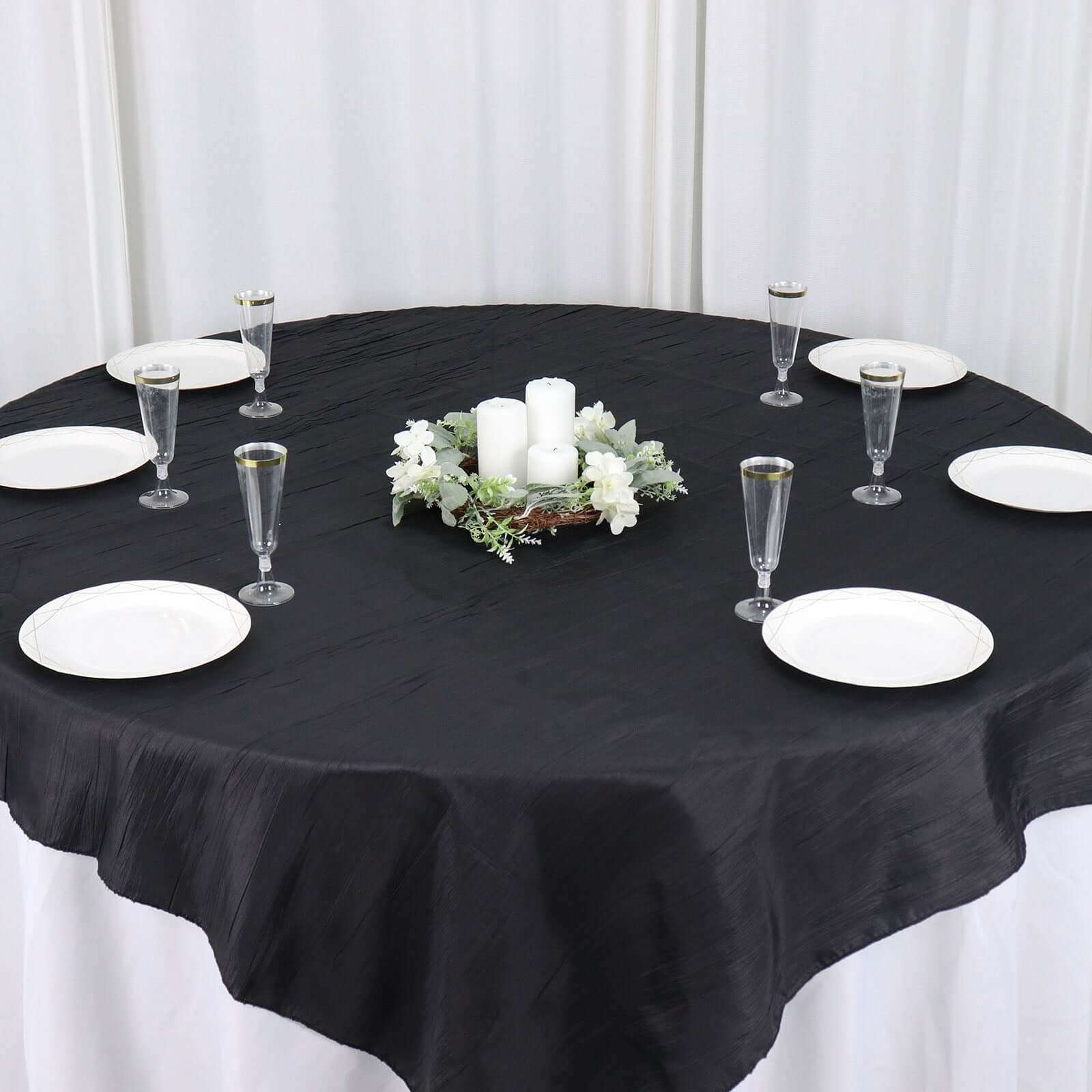 Taffeta 72x72 Table Overlay Square Tablecloth Black - Accordion Crinkle Table Cover