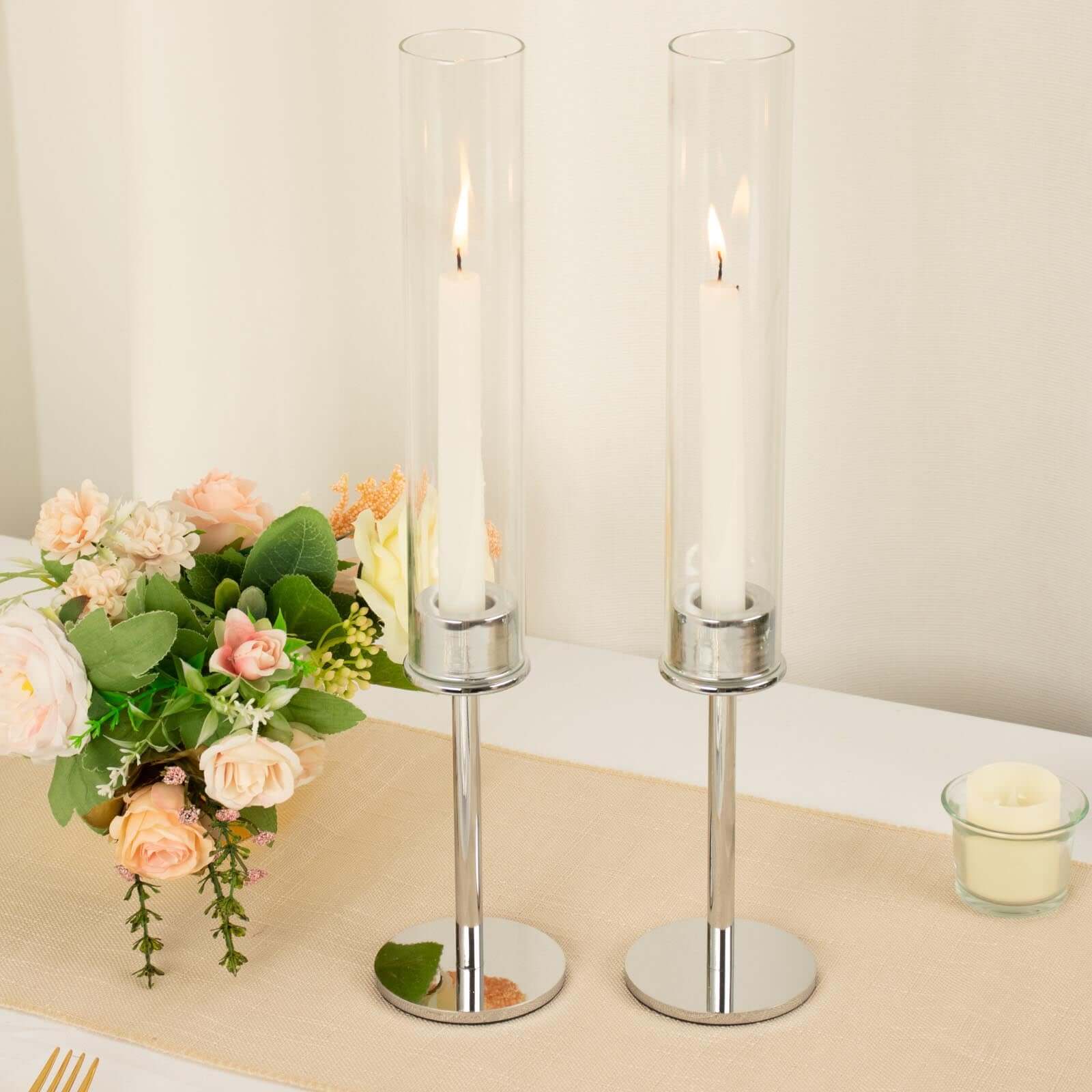 2-Pack Silver Metal Taper Candlestick Holders, Clear Glass Hurricane Candle Stands With Chimney Candle Shades 16