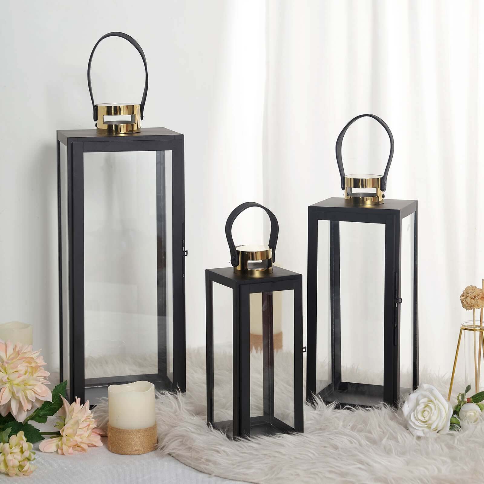 14 Black and Gold Top Stainless Steel Candle Lantern Centerpiece Outdoor Metal Patio Lantern