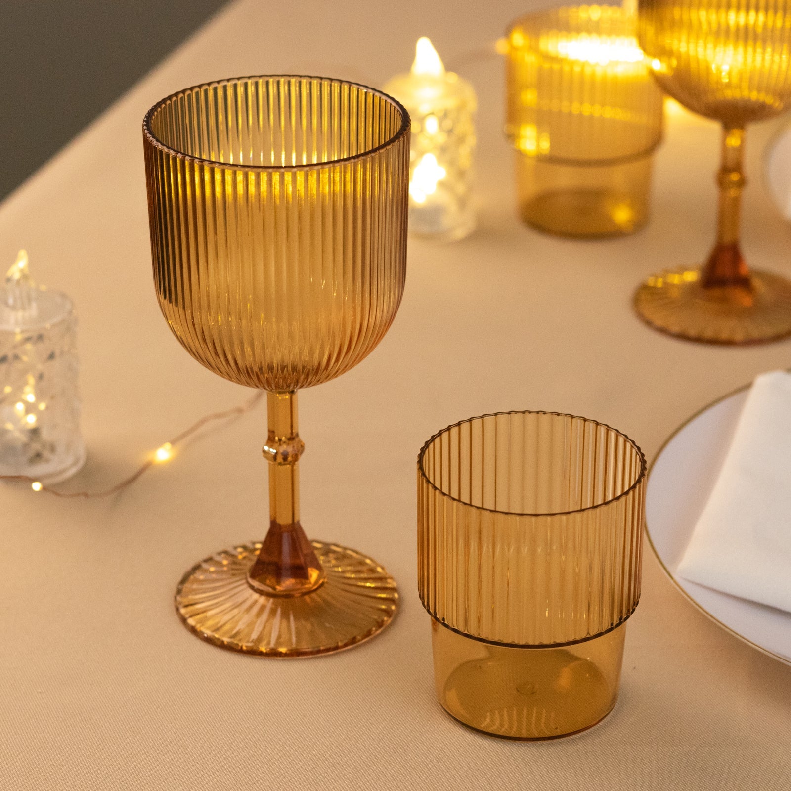 12-Pack Plastic Goblets Amber Gold Vintage Ribbed Pattern - Reusable Shatterproof Glassware 9oz