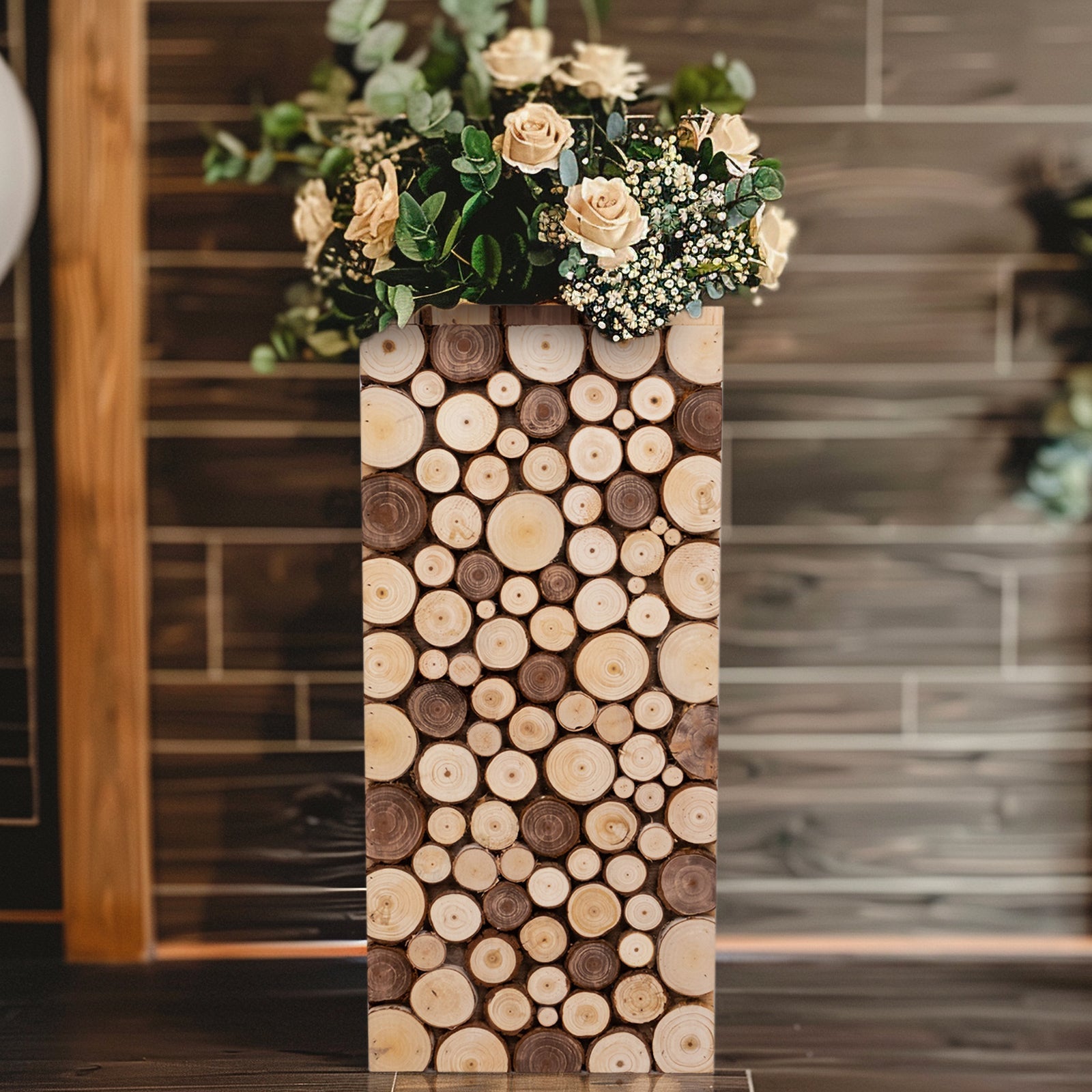 24 Natural Wooden Slices Pillar Prop Pedestal Stand, Rustic Farmhouse Wood Riser Rectangular Plant Stand