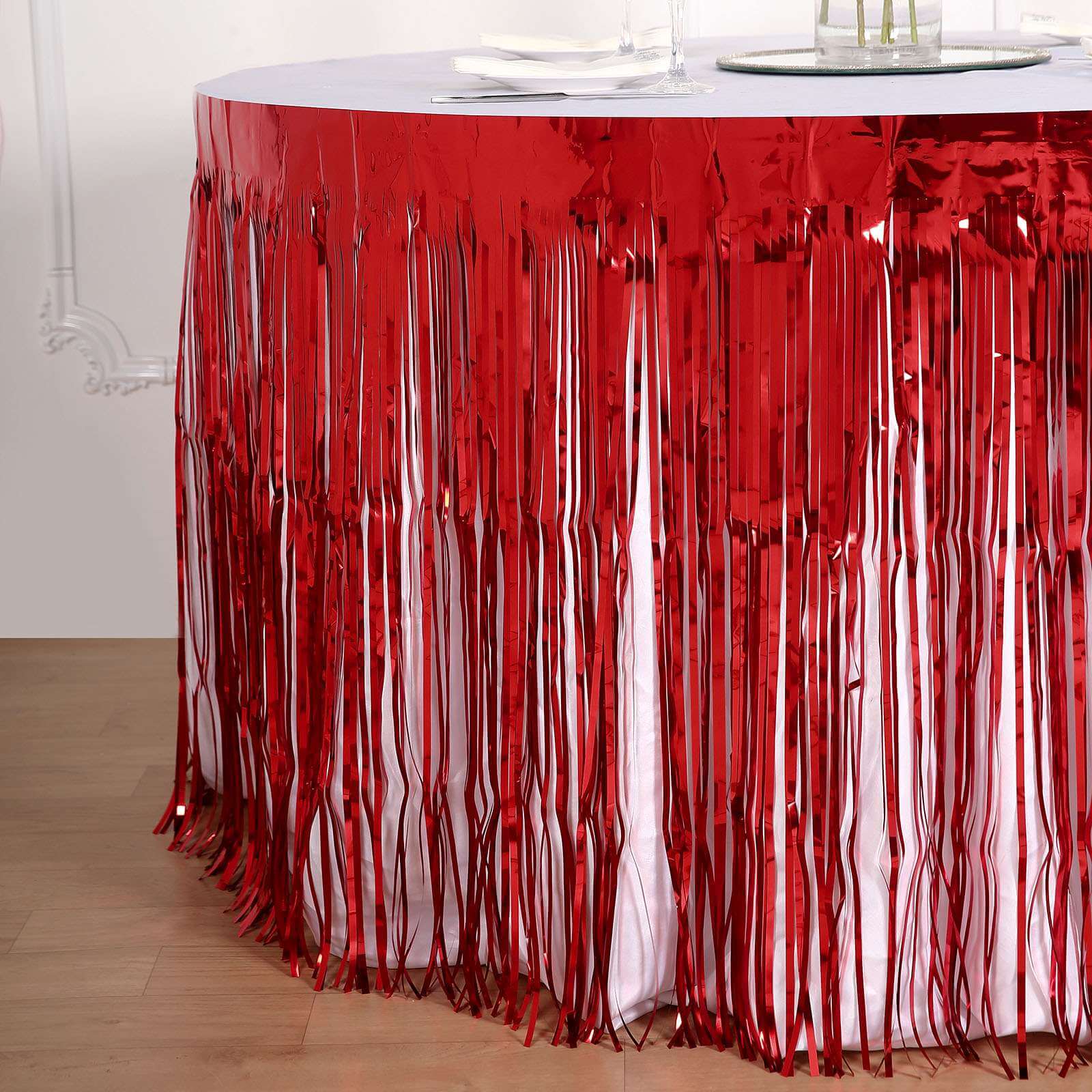 Metallic Foil Fringe Table Skirt Red with Self Adhesive Backing - Durable Tinsel Skirt for Parties 30x9ft