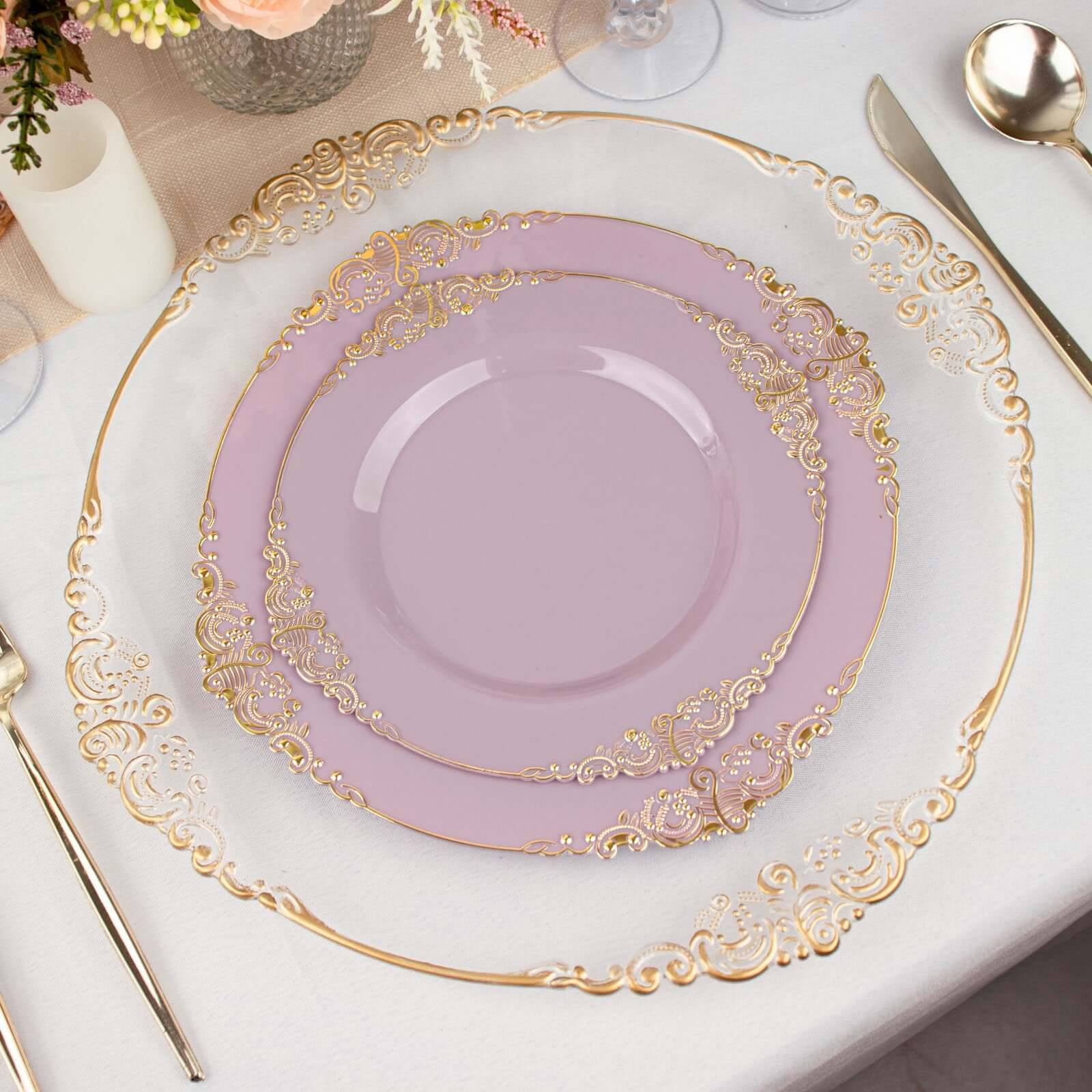 10-Pack Plastic 8 Round Dessert Plates in Lavender Lilac with Gold Leaf Embossed Rim - Disposable Vintage Baroque Style Salad Plates